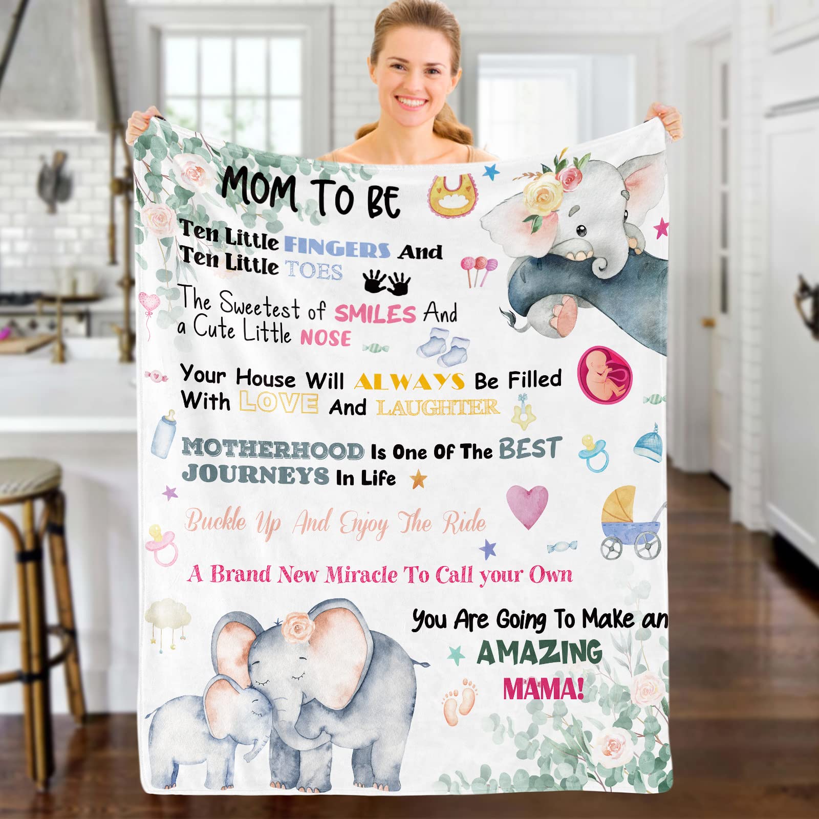 New Mom Gifts to Be Mum Blanket Throw with Elephant Fleece Flannel First Time Promoted Mother Pregnancy for Postpartum Gender Reveal Mother's Day 130x152 cm, Be-white, (TR-99)