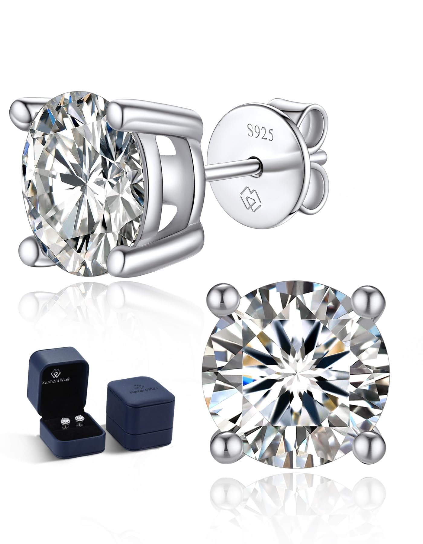 MomentWish Moissanite 여성용 귀걸이, 925 스털링 실버 저자극성 스터드 귀걸이, 남성용 실험실 성장 다이아몬드 귀걸이, 민감한 귀를 위한 스터드, 엄마 또는 아내를 위한 선물