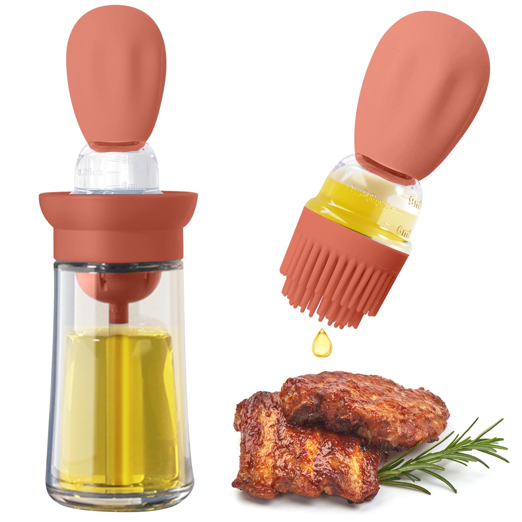 Uryxery Oil Dispenser with 3-Layer Brush, 180ml Sky Blue Glass Olive Bottle for Kitchen, Adjustable Press Sprayer for BBQ, Cooking, Baking (Burgundy)