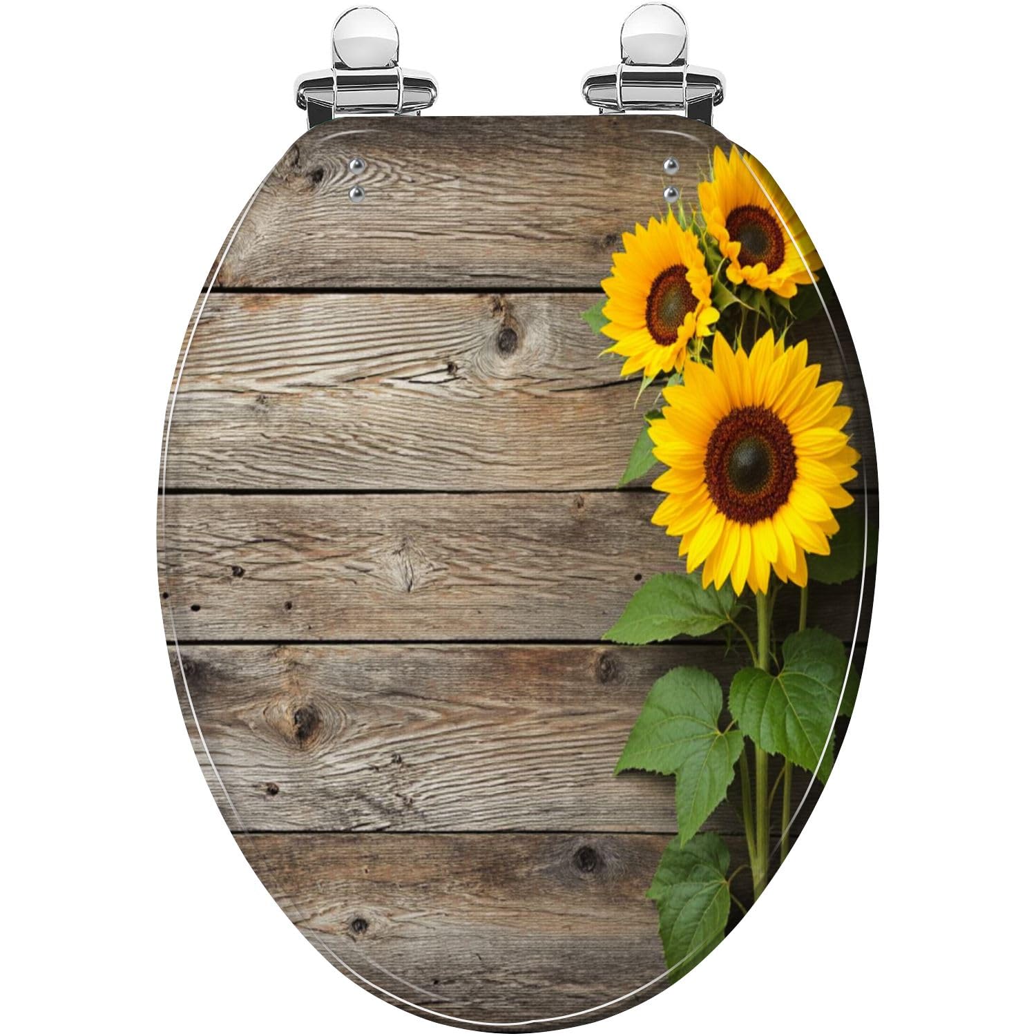 Copriwater Allungato Decorativo A Forma Di Girasole, In Resina Effetto Legno, con Chiusura Ammortizzata, Cerniere A Sgancio Rapido, Facile Da Pulire E Installare.