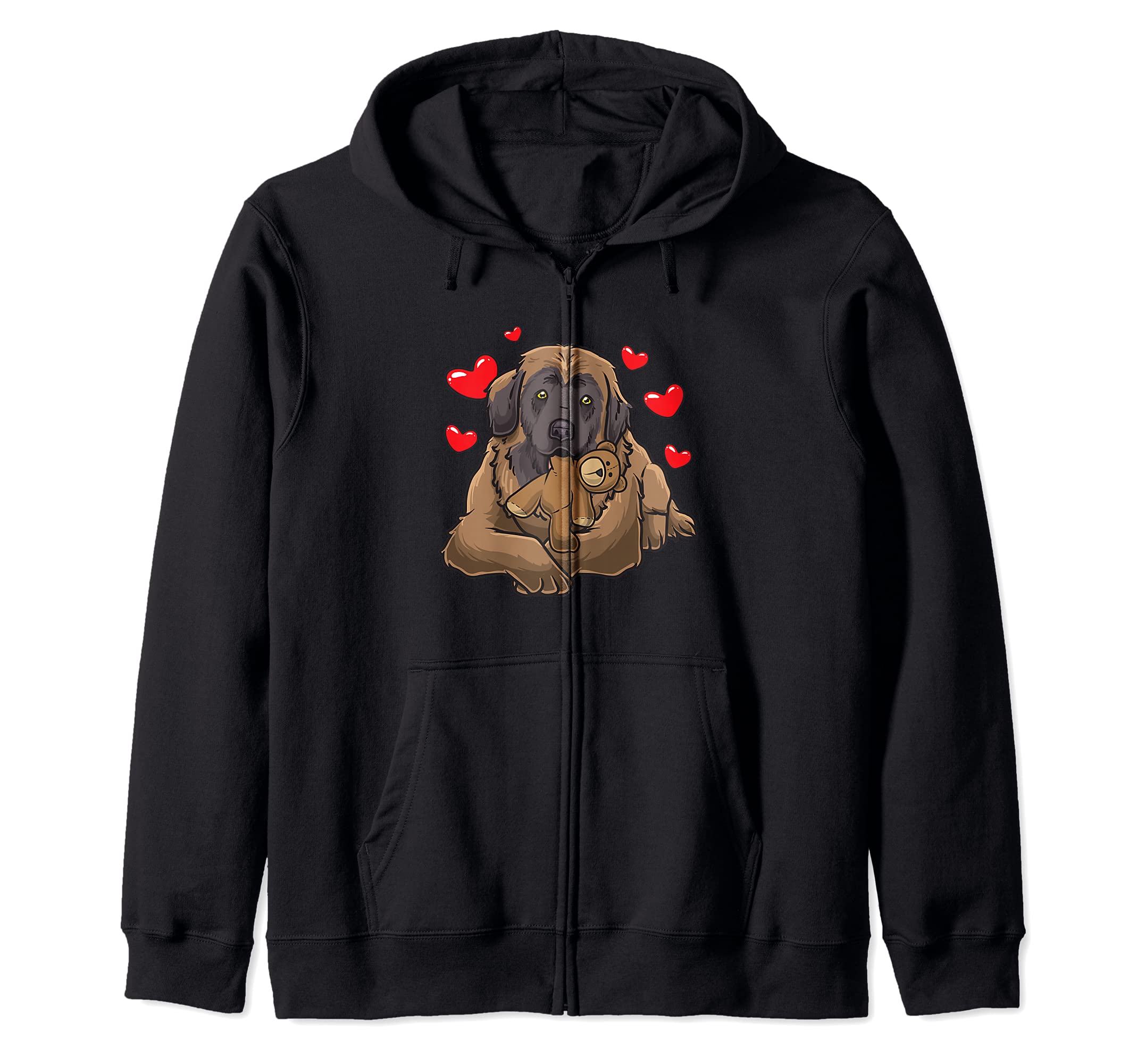 Leonberger Dog with stuffed animal and hearts Zip Hoodie, Black