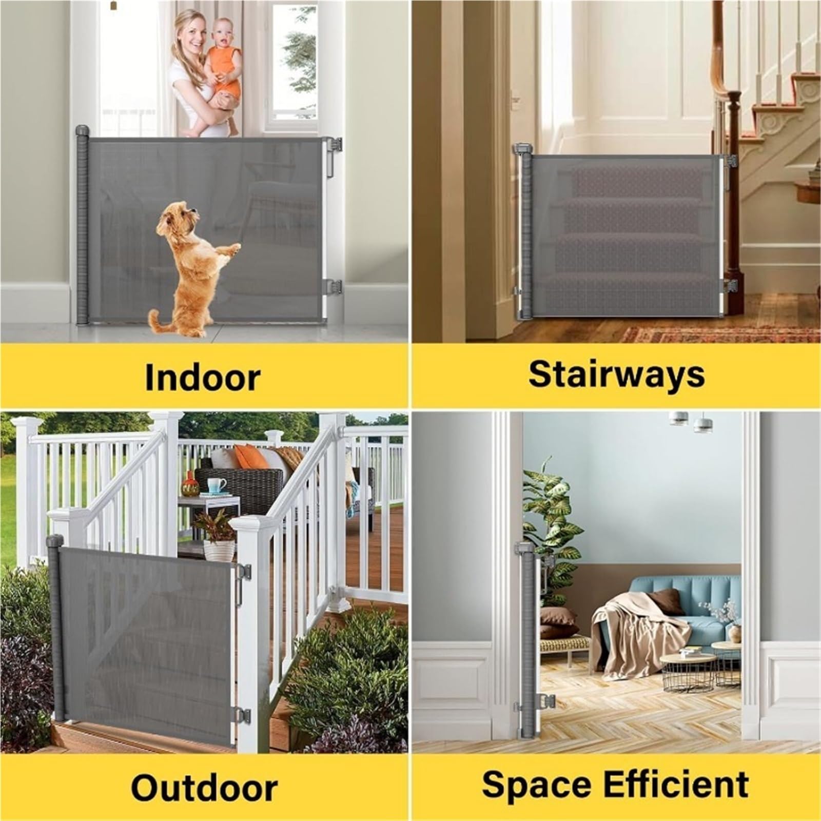Puerta retráctil para perros para escaleras y puertas, ampliable hasta 54 pulgadas de ancho y 34 pulgadas de alto, malla segura para mascotas y niños pequeños (gris)