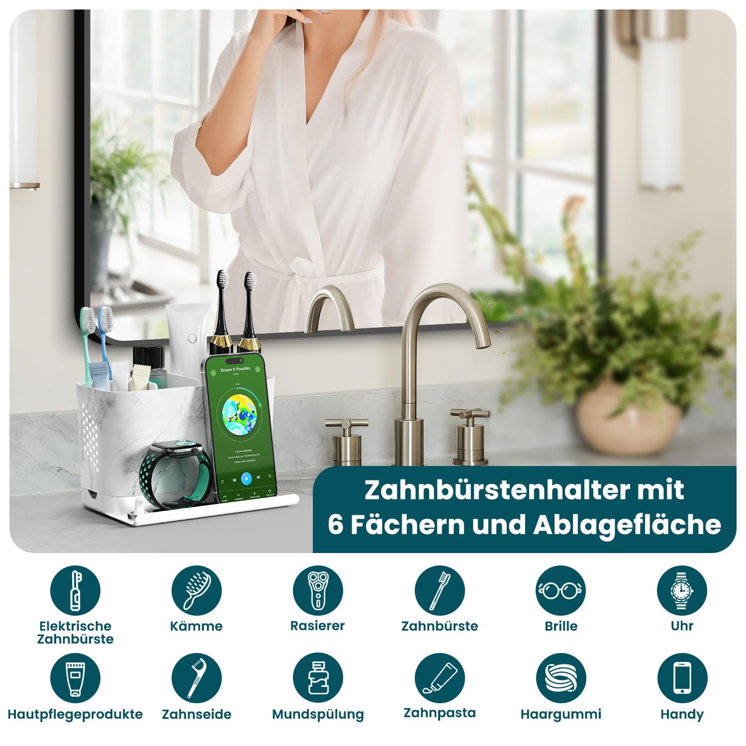 Elektryczna szczoteczka do zębów z listwą przednią i otworami na kable, elektryczna szczoteczka do zębów ze ściankami działowymi, efekt marmuru, organizer do czyszczenia zębów z odpływem do łazienki i