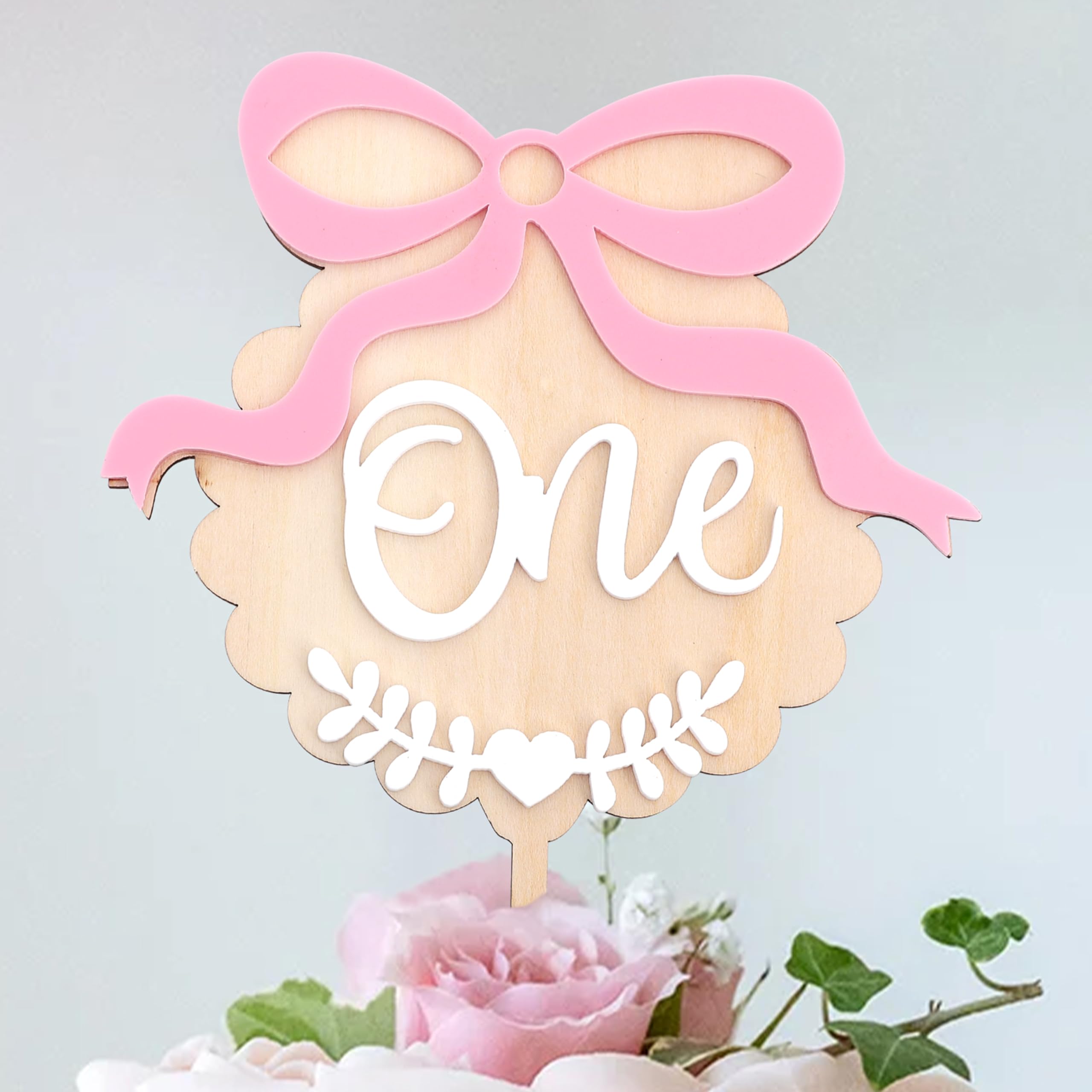 Pink Bow One Cake Topper - Sweet 1st Birthday Decorations, First Bow Theme Wooden And Acrylic, Pink And White One Cake Topper, Boho 1st Birthday Photo