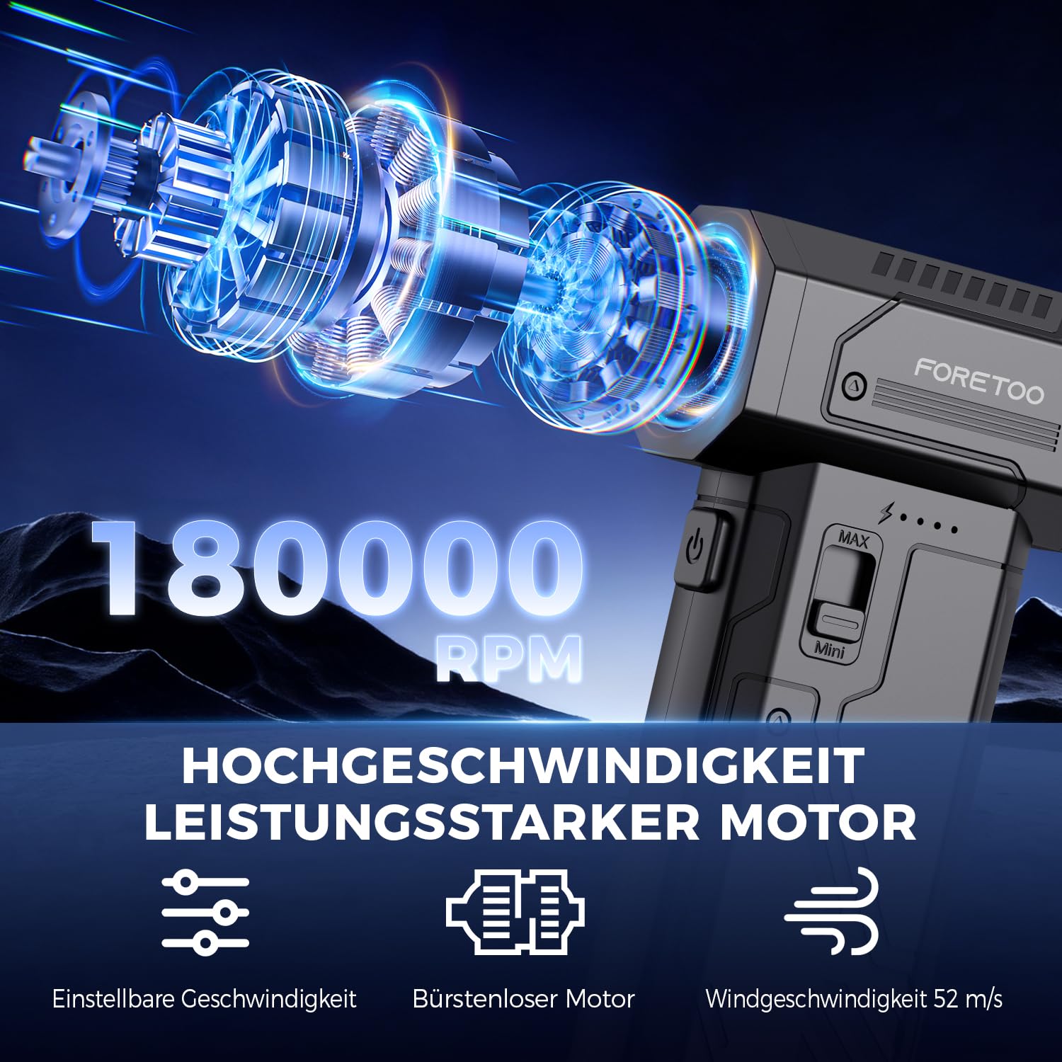 Druckluft-Luftreiniger, 180.000 U/min Super Power kabelloser elektrischer Luftreiniger, 7500 mAh wiederaufladbarer bürstenloser Motorlüfter, 3-Gang verstellbarer Turbo-Ventilator-Luftreiniger für