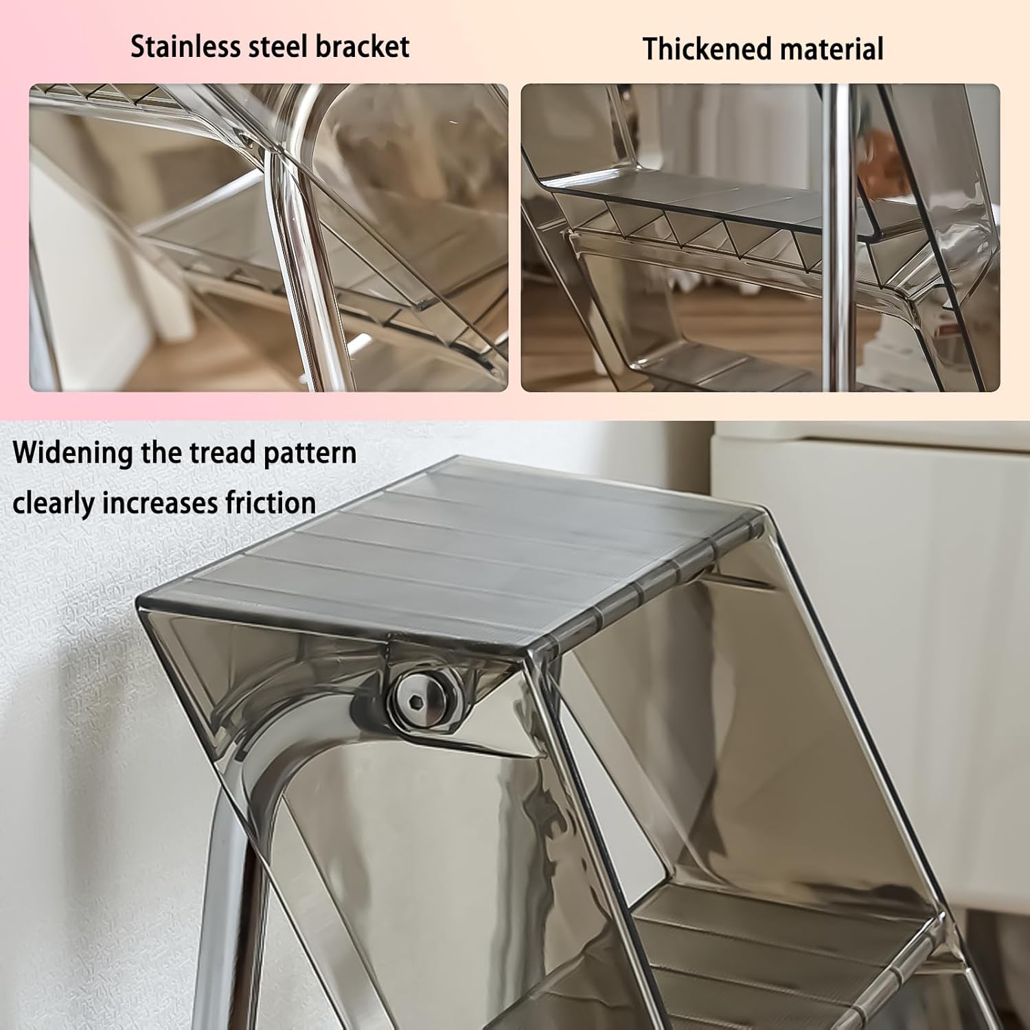 3-Step Clear Acrylic Step Stool for Adults, 330lb Heavy Duty Stepladder, 2-in-1 Portable Stool for Kitchen Bathroom, Lightweight with Non-Slip Rubber Feet Amber Translucent