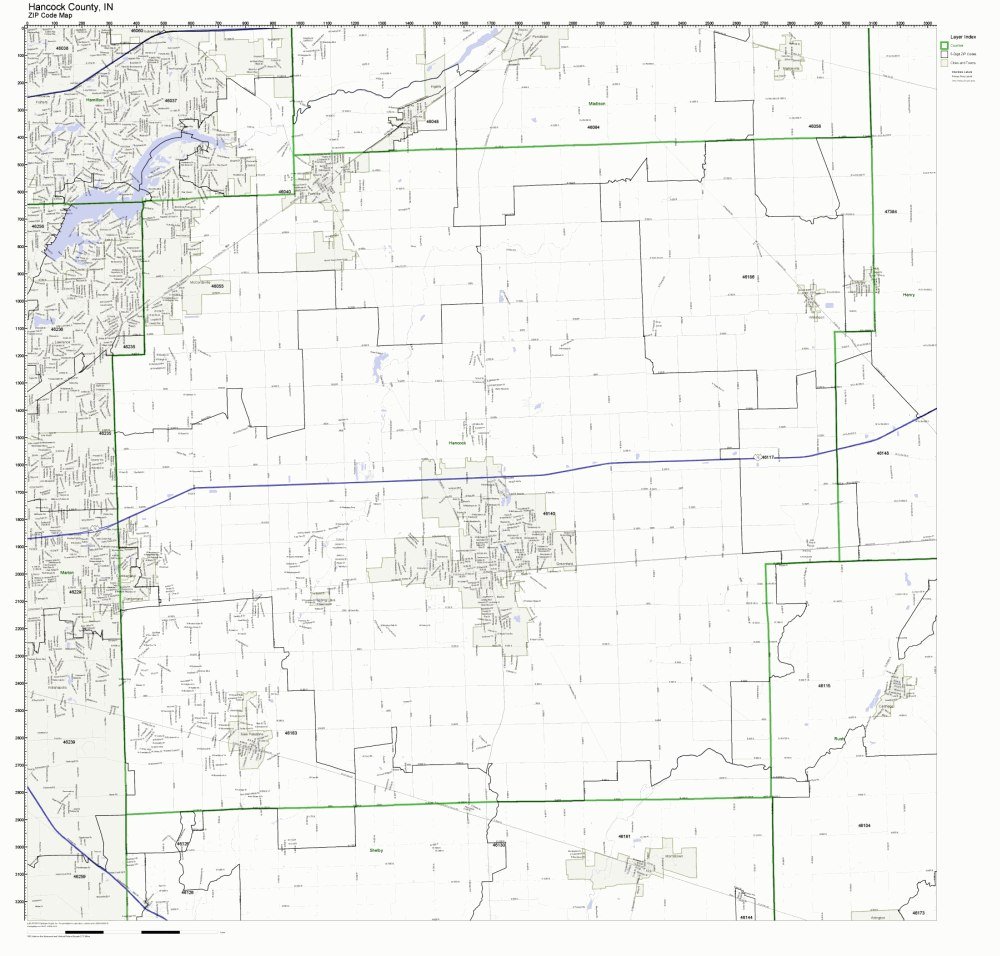 Hancock County, Indiana IN ZIP Code Map Not Laminated