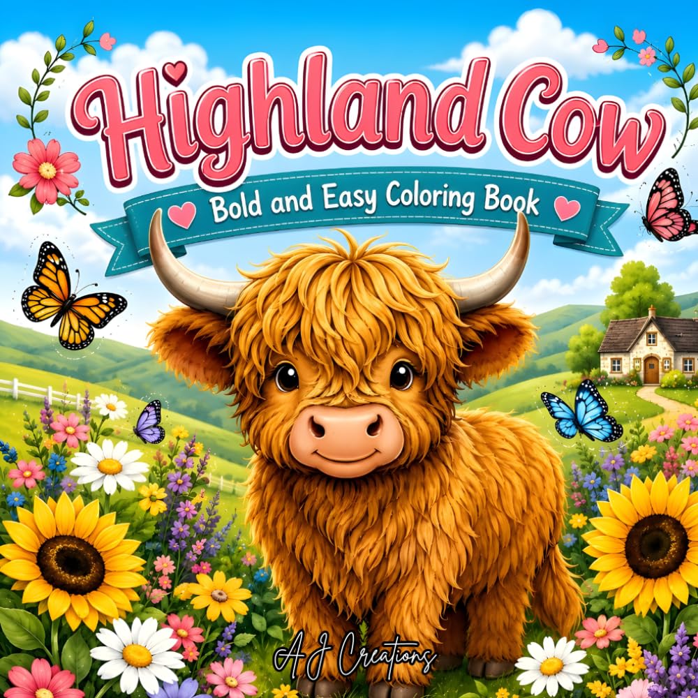 Highland Cow Bold and Easy Coloring Book: 50 Beautiful Scottish Cows Coloring Pages with Landscape Scenes To Calm Down, Reduce Anxiety & Relax for kids, teens and adults