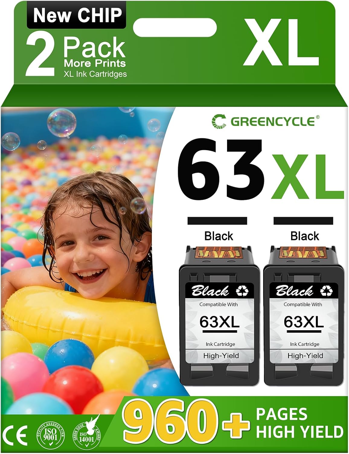 greencycle Remanufactured High Yield Ink Cartridge Replacement for HP 63 63XL F6U64AN Compatible with Envy 4520 4516 Officejet 4650 3830 3831 4655 Deskjet 3630 3632 3633 3636 Printer (Black, 2 Pack)