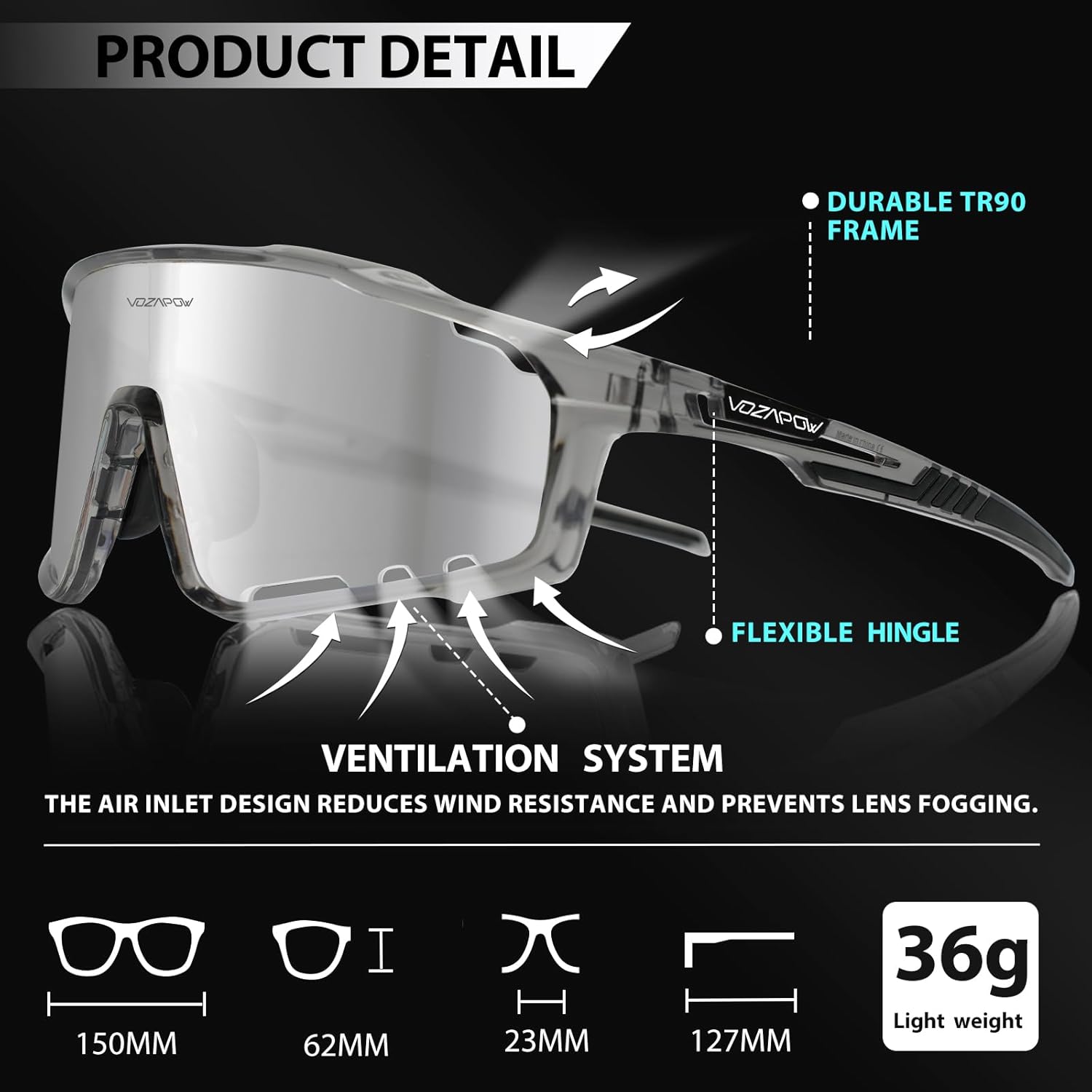 Cycling Glasses for Men Women, UV Protection TR90 Frame Sports Sunglasses for MTB, Riding, Running, Fishing, Baseball