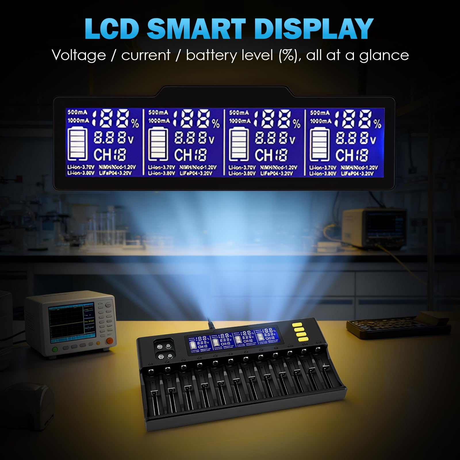 Caricabatterie Pile Ricaricabili Per 18650, 20700, 26650, 17500, 16340, 14500, Aa, Aaa, 9V, Ni-Mh,Caricabatteria Universale 12+2 Slot,Con Display Lcd,Molteplici Funzioni Di Protezione