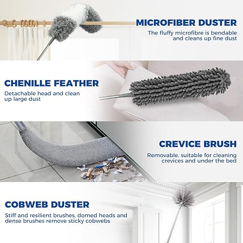 Miniatura 4 de Kit de 9 plumeros para limpieza, herramientas extensibles de microfibra con poste de 100 pulgadas de largo, limpiador de polvo retráctil y flexible,
