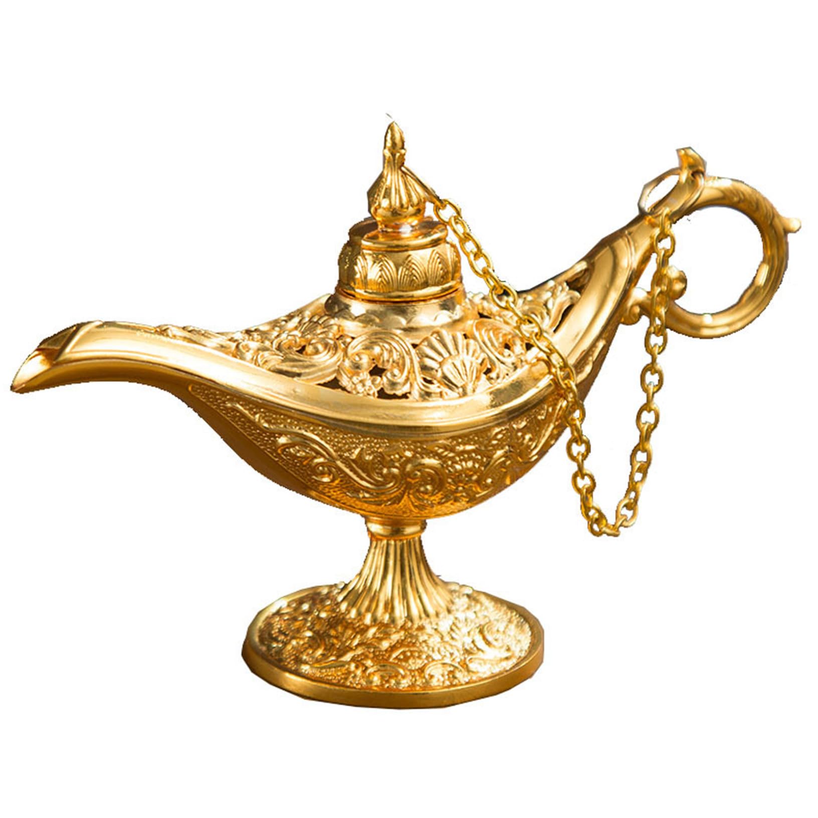 Tsawntd Aladdin Lamp Vintage Golden Arabian Magical Aladdin's Genie Lamp Carved Alloy Toys Wishing Light with Chained Lid for Table Decor, Cosplay, Roleplay Toys Genie