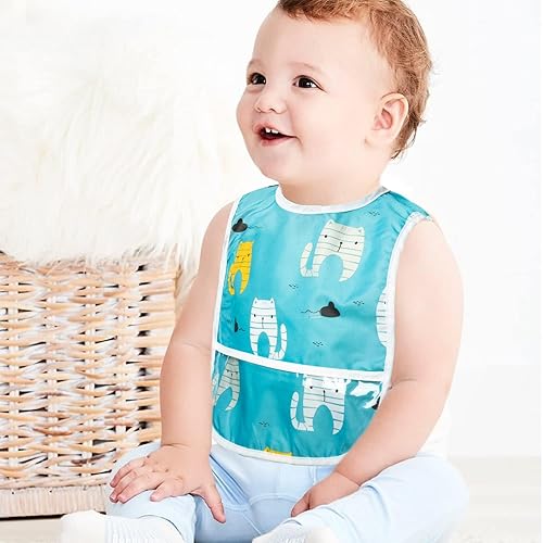 Miniatura 4 de 6 piezas de baberos impermeables para niños pequeños con bolsillo recogemigas, juego de baberos para bebés con ajuste para dientes de leche, baberos