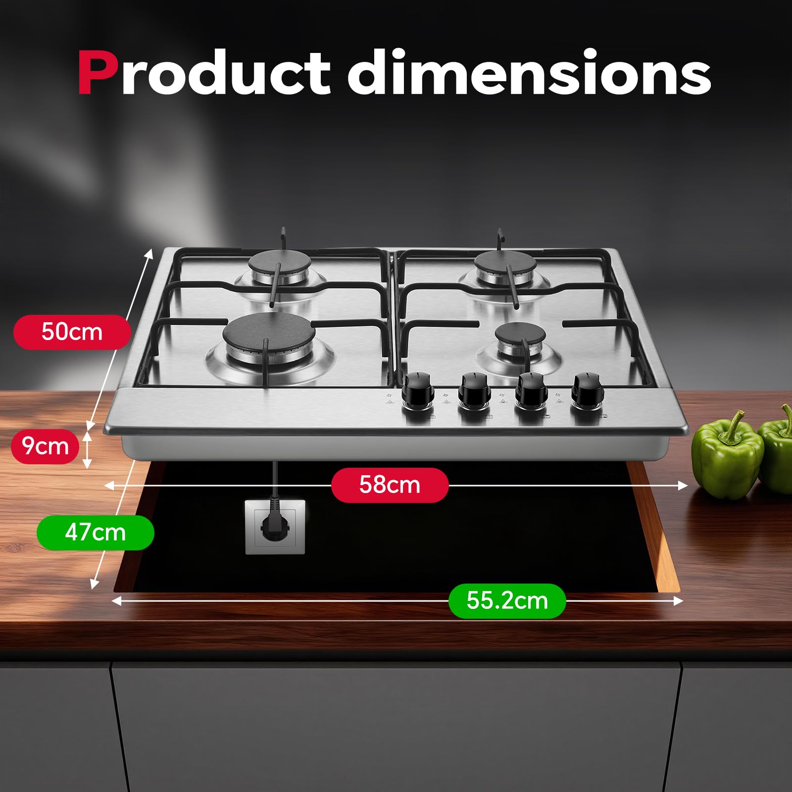 SNDOAS Gas Hob 4 Burners, 60cm Stainless Steel Cooktop, Built-in Gas cooker Hob, 7060W, NG/LPG Convertible, Silver Metallic Finish with Automatic Ignition — view 4