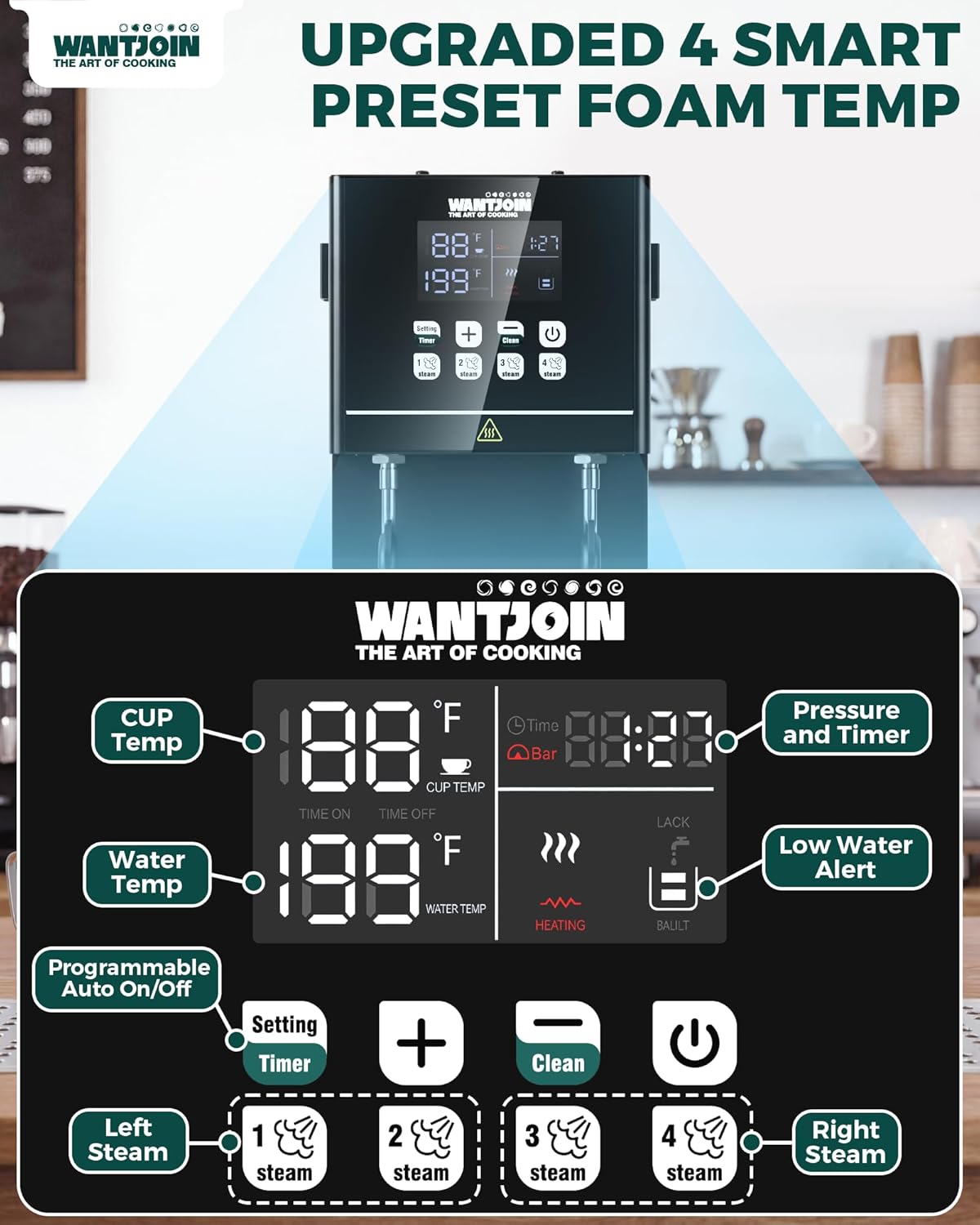 WantJoin Commercial Milk Frother & Beverage Heater - 2000W Multi-functional Milk Steamer Machine with LED Display Panel for Latte Cappuccino Coffee Milk Tea Foam & Hot Water Dispenser, Hotel Home Use