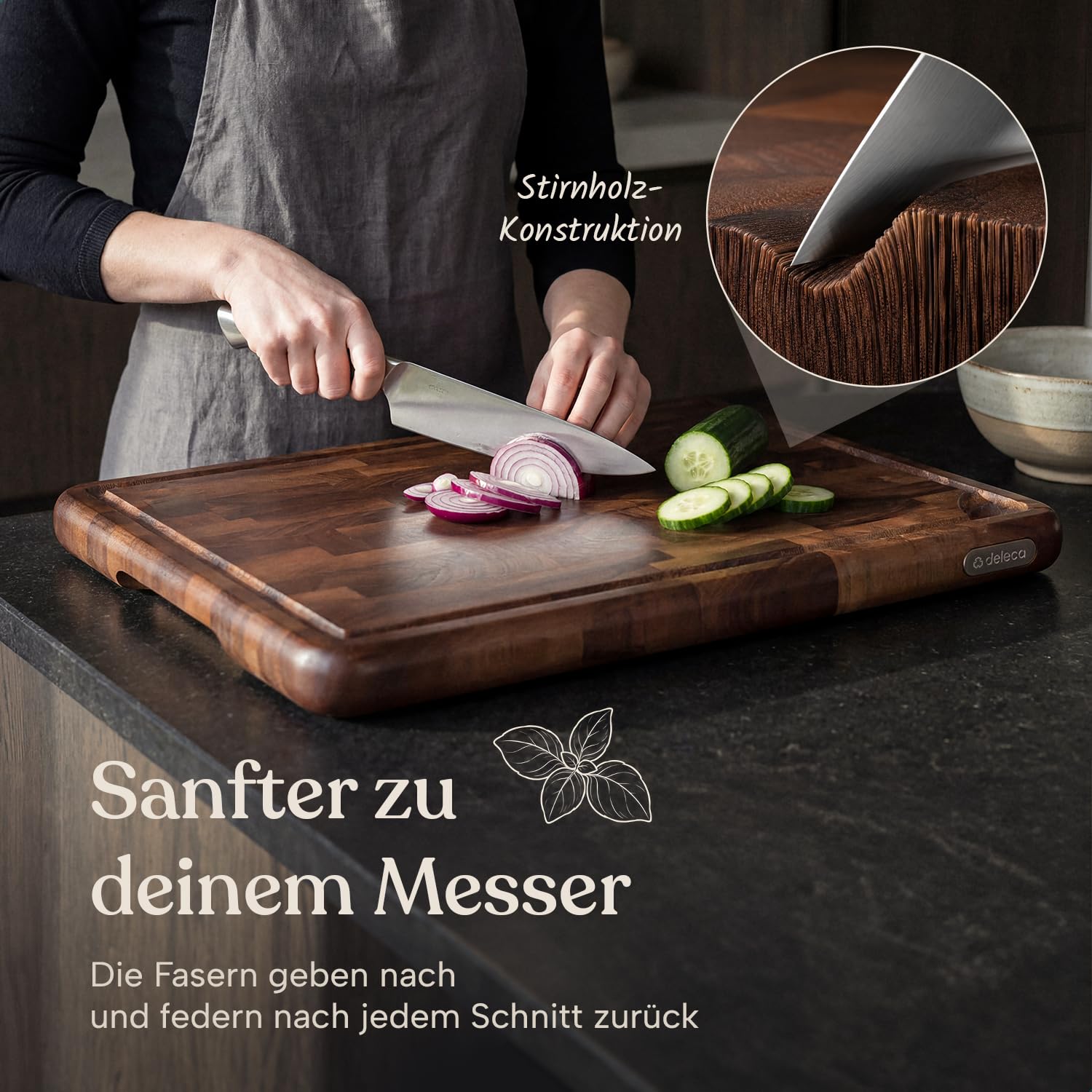 Schneidebrett Walnussholz 43x33x3 cm Stirnholz Hackblock | Tiefe Saftrille, Rutschfeste Füße, Lebensmittelechtes Öl, Nur Handwäsche, Servierbrett