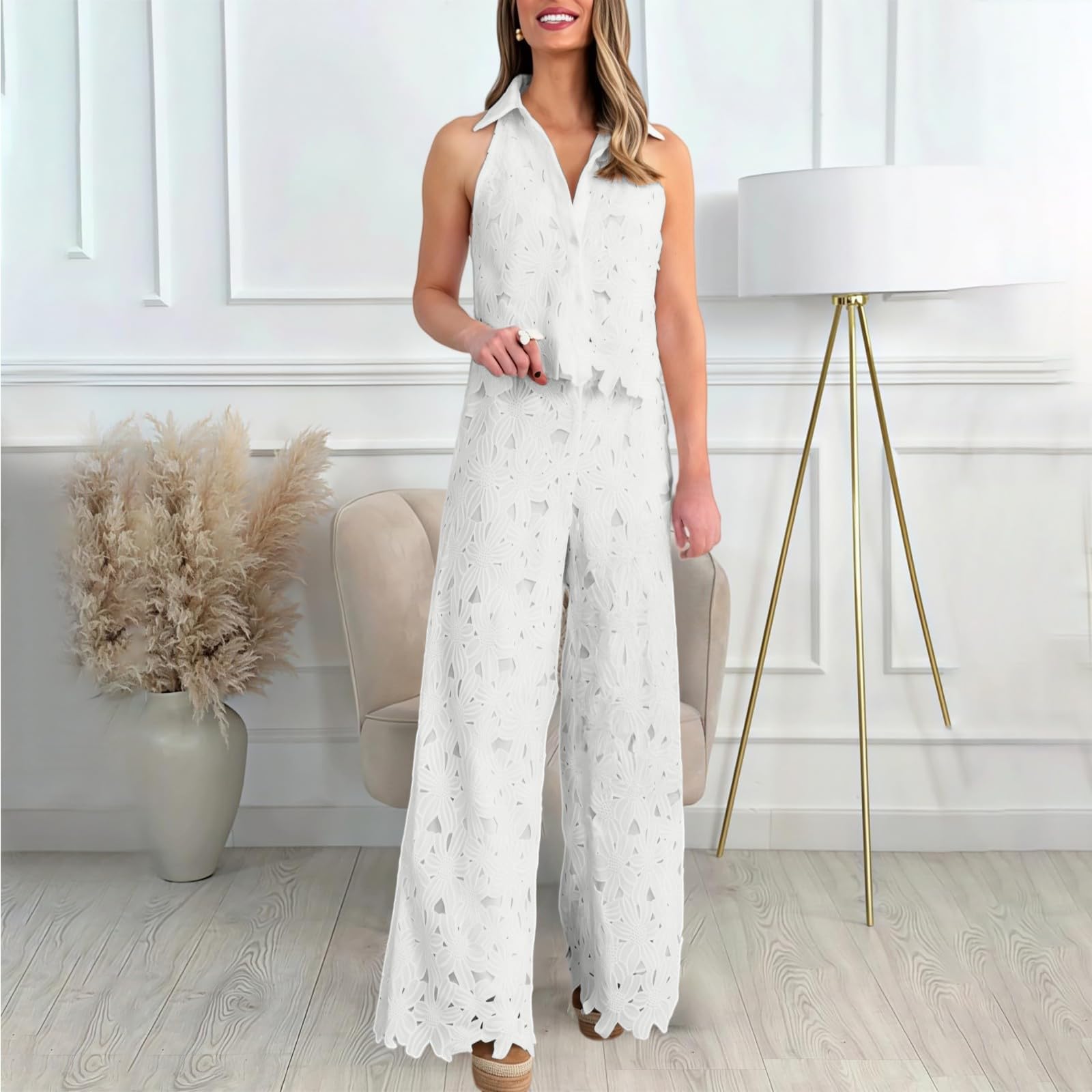 Tuta da Donna in Lino Casual Due Pezzi Completo Leggera Elegante Estivo Top e Pantaloni a Tinta Unita con Scollo a V/Rotondo Completo Donna Giacca E Pantalone Versatili per Uso Quotidiano