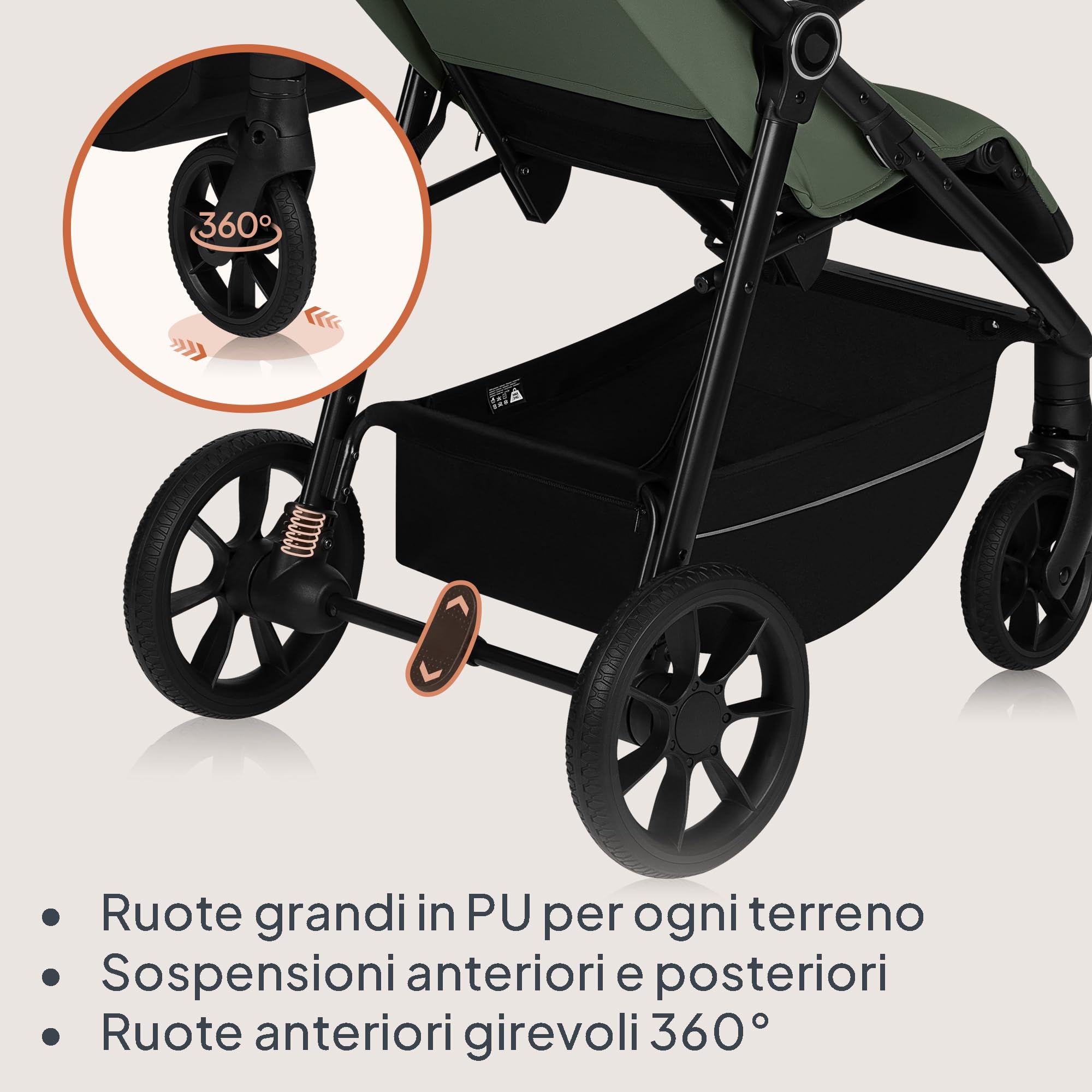 LIONELO Iva Passeggino Leggero e Compatto per Bambini da 6 Mesi a 4 Anni | Fino a 22 kg, Ruote Girevoli 360° con Sospensione, Schienale e Poggiapiedi Regolabili, Cappottina XXL UPF50+, Tessuto Premium