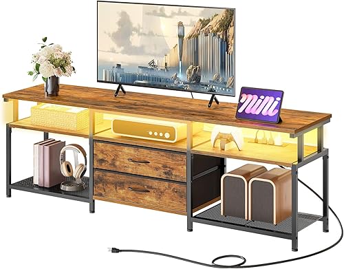 Miniatura 9 de HOOBRO Soporte de TV con toma de corriente y luz LED, centro de entretenimiento para televisores de hasta 75 pulgadas, mesa de consola de medios