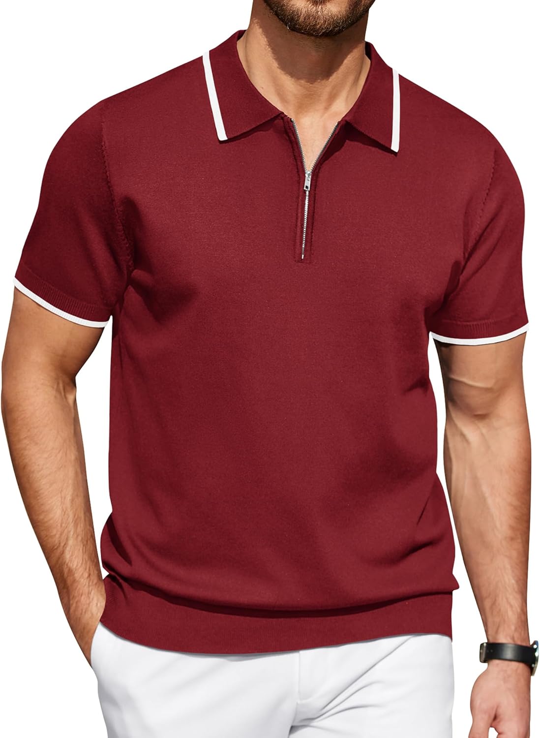 COOFANDY Men's Zipper Polo Shirt Casual Knit Short Sleeve Polo T Shirt Classic Fit Shirts