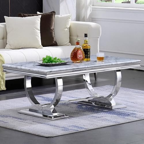 Asday Mesa de centro plateada, mesa rectangular gris para sala de estar con base en U de metal espejo plateado, mesa de centro para sala de estar,