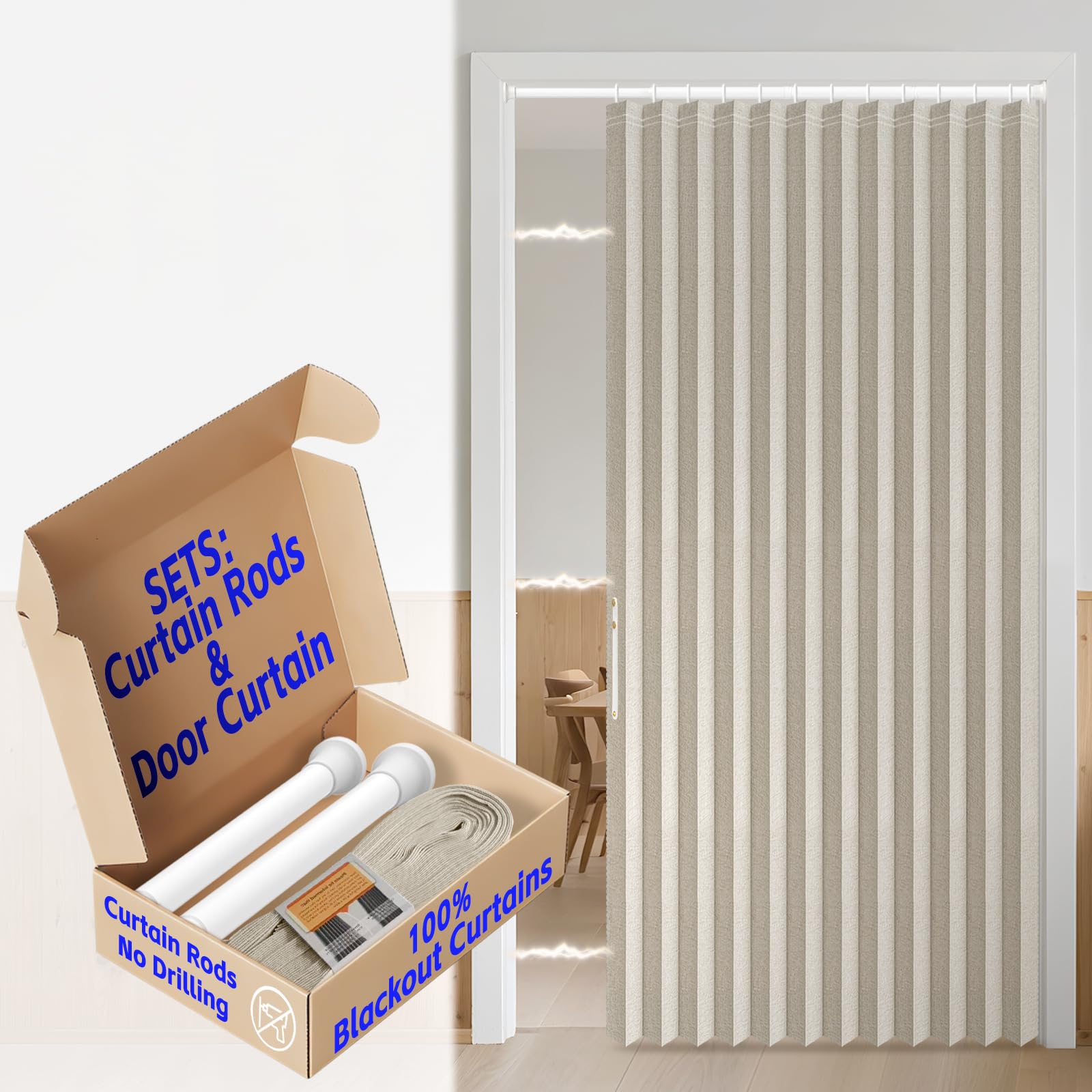 AJAZZ Blackout Door Curtain with Curtain Rods Adjustable 28-52" Long Accordion Door Closet Curtain Invisiblefor Bedroom Room Living Room Doorway (1 Pack, 52 W x 78 L, Cream White)