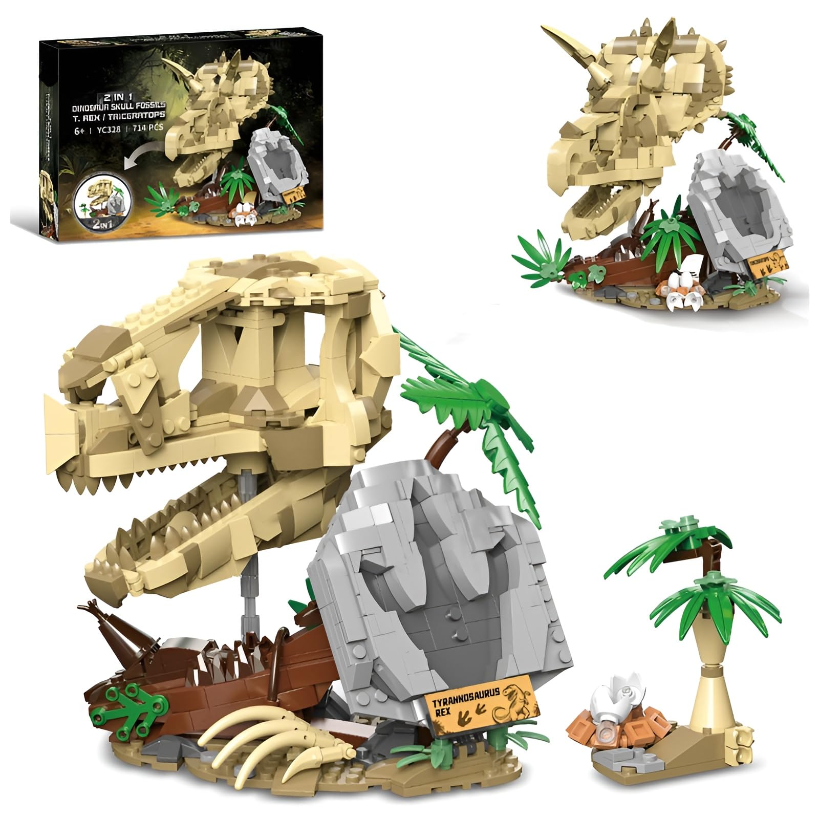 2 in 1 Dinosaur Skull Fossils Building Set, T. rex, Triceratops STEM Dino Toy Skeleton Model for Kids, Creative Ancient Creature Animals Bricks Kit, Great Gifts for Kids Adults and Decro (714 PCS)