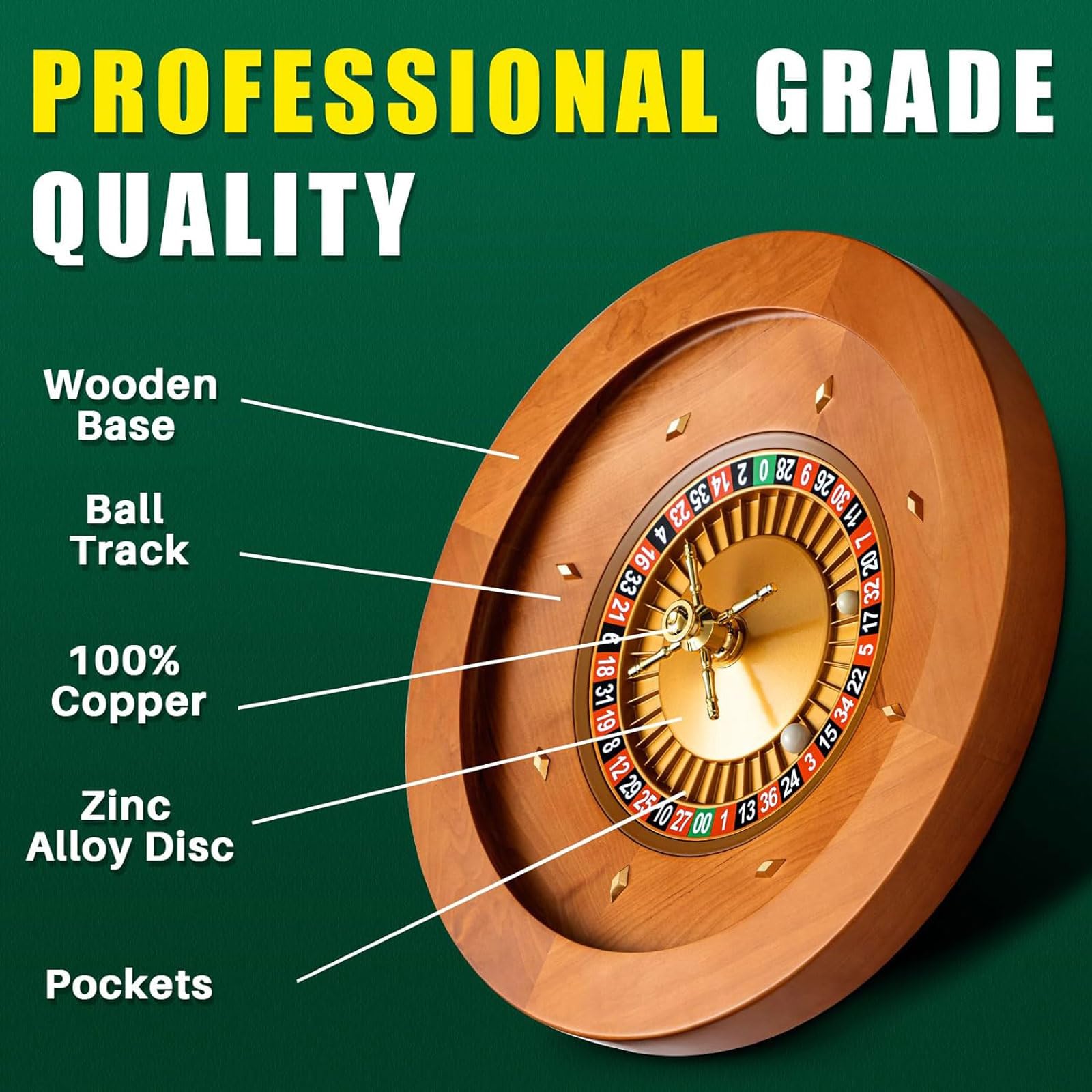 Rueda de Ruleta de Madera de 20 Pulgadas con 4 Bolas de Ruleta, Juegos de Mesa de Ocio para Uso Profesional en el hogar o Fiesta Nocturna