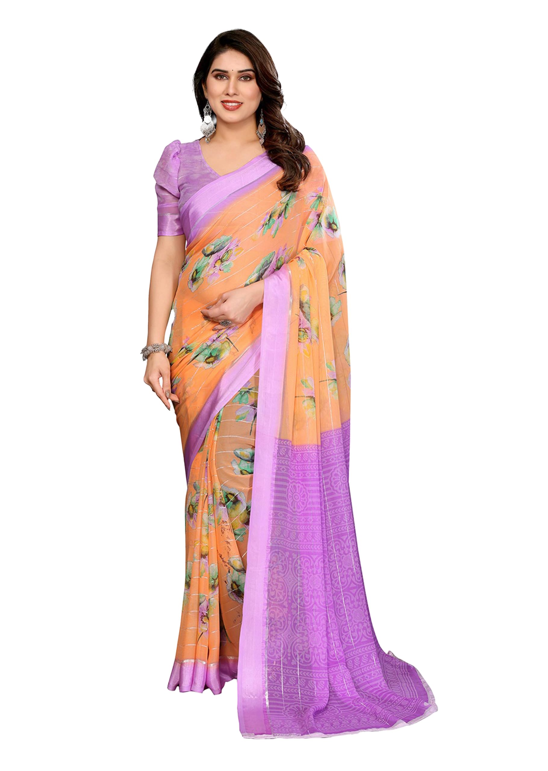 saree indiano donna Printed Georgette Light Weight Party Orange sari indiani donna Purple Blouse Piece-1198
