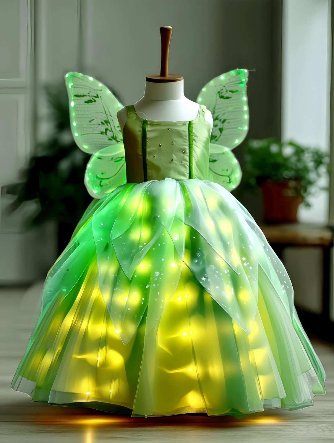 LED Light Up Girls Costume Toddler Green Fairy Dress & Wings Green Fairy Girls Princess Ball Gown For Halloween
