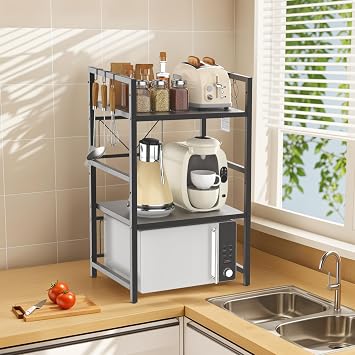 Lucn 3 Tier Expandable Microwave oven Rack Stand Storage Kitchen Corner Shelf Hold Expandable Rack Stand Storage Corner Holder Kitchen Microwave oven Shelf with 6 Hooks