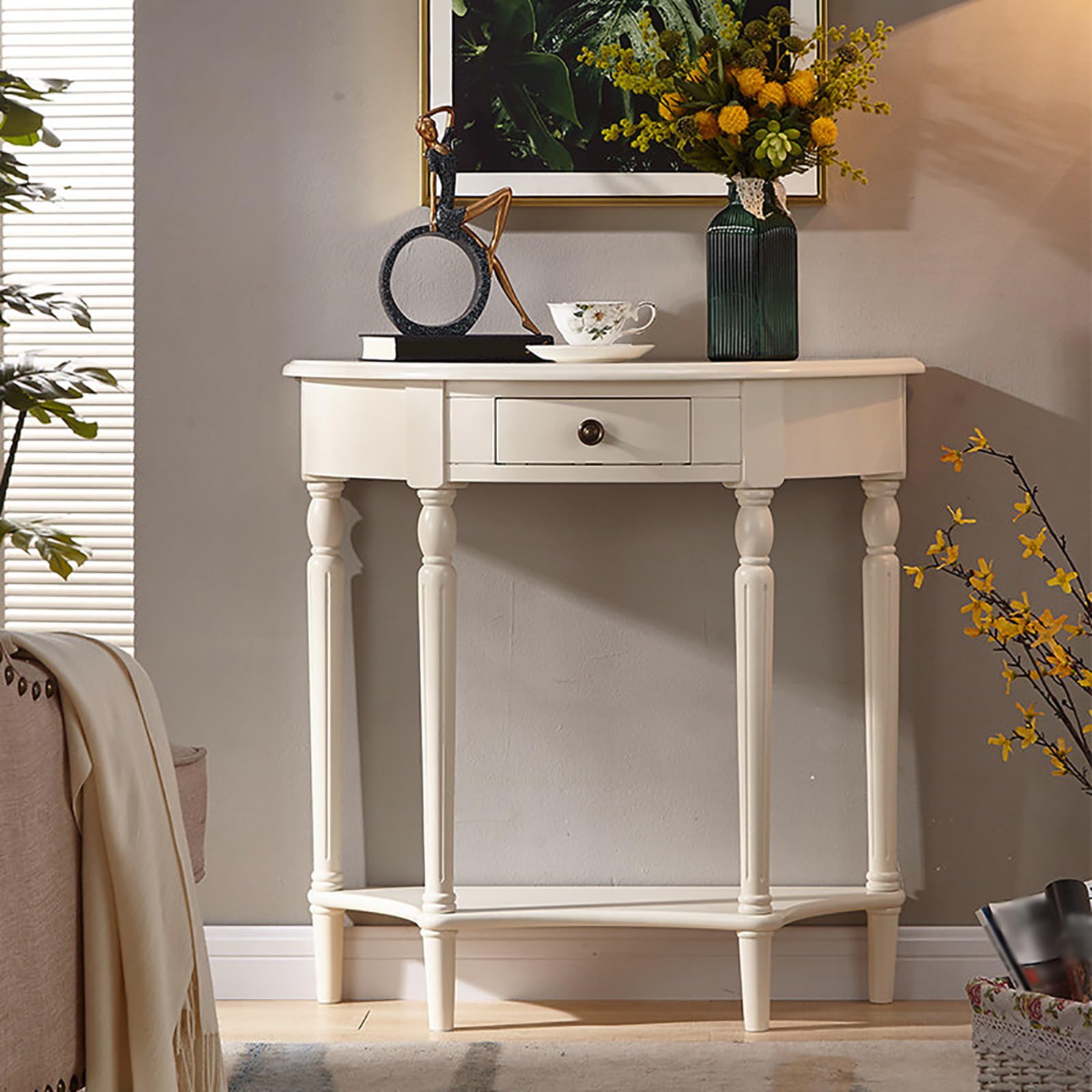 SXZenSpace Medieval Half Moon Solid Wood Console Table with Drawer & Storage Shelf 23.62" Wx11.81 Dx31.50 H Stylish Entrance Hallway for Living Room Bedroom Foyer