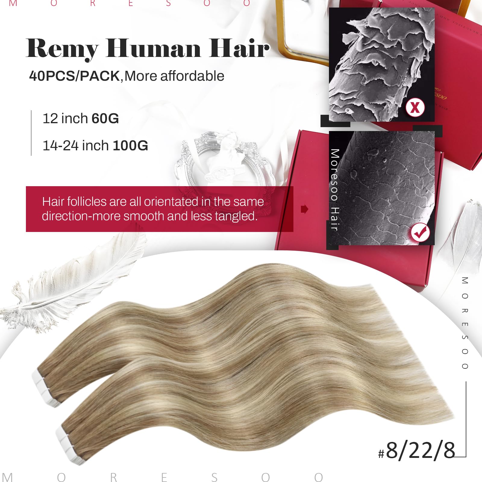 Moresoo Tape in Hair Extensions Human Hair 100g Tape in Extensions Thick Human Hair Balayage Light Brown with Medium Blonde Long 24 Inch for Full Head 40 Pieces #8/22/8 - Image 2