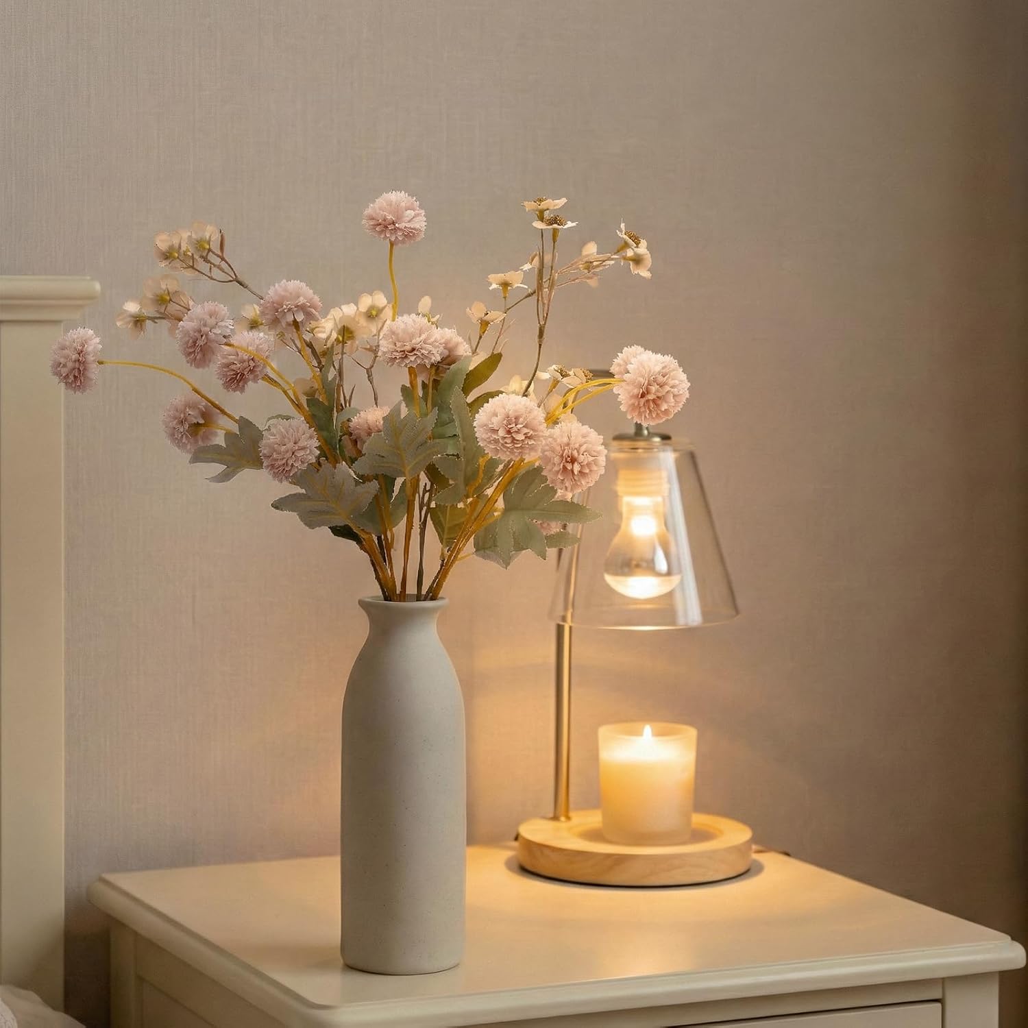 Faux Flowers for Vase, Beige Artificial Flower Arrangements, 22pcs Long Stems with Silk Fake Mums, Eucalyptus, Wild Flowers, Realistic Floral Table Centerpieces for Dining Home Winter Spring