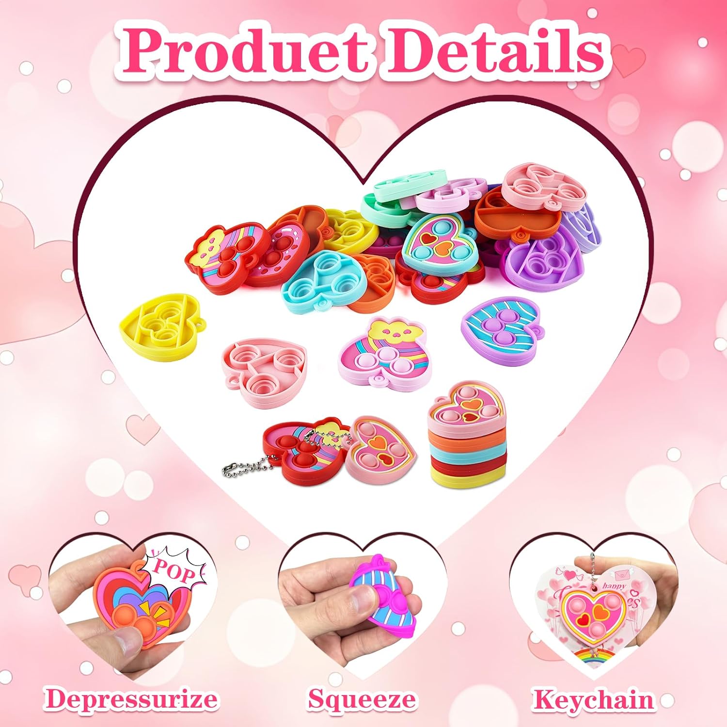 24 Pcs Valentines Day Gifts, Heart Pop Keychain Fidget Toys with Valentines Cards, Valentines Day Gifts for Classroom Exchange Party Favors Prizes