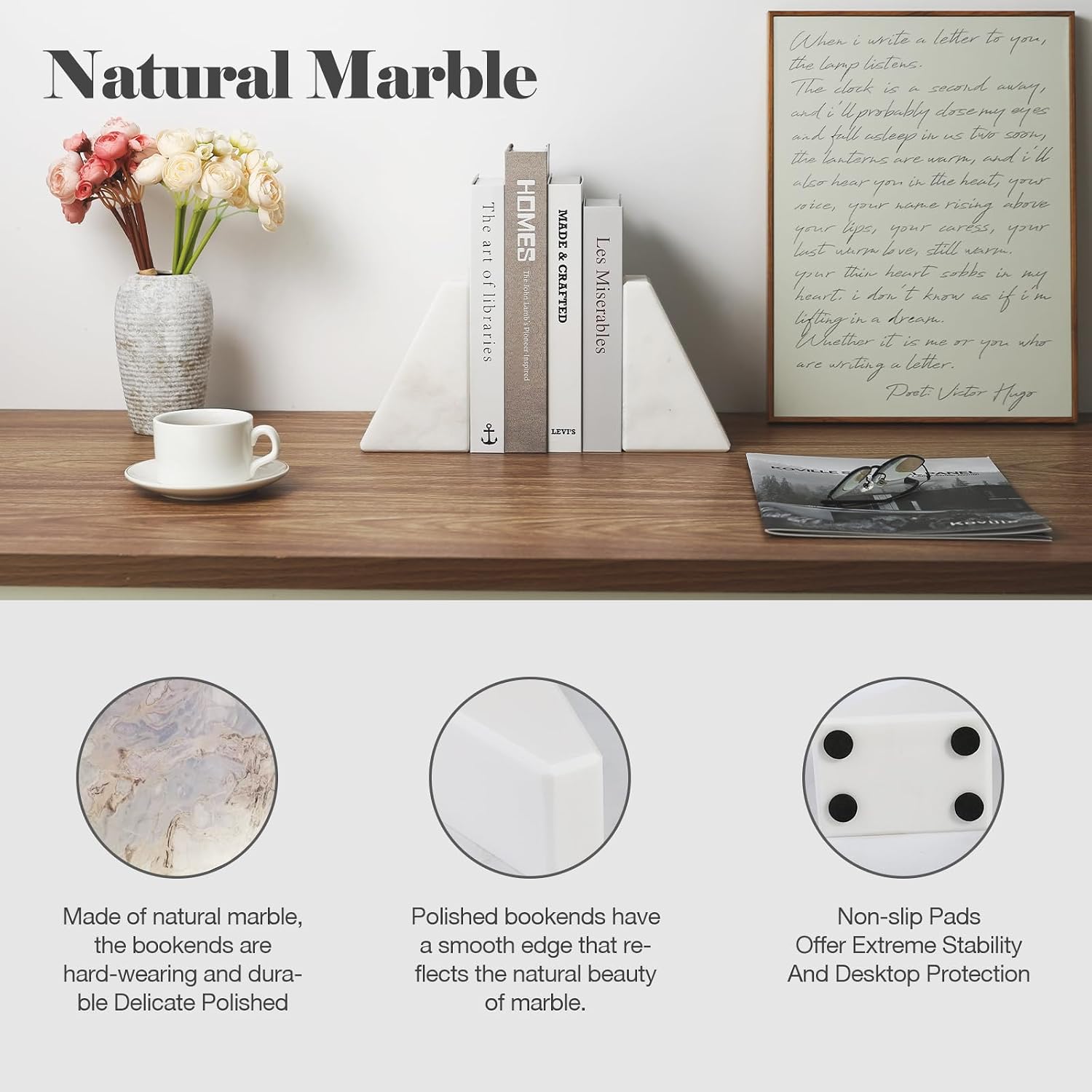Karibiber Marble Book Ends Decorative, Unique Bookends for Shelves, White Stone Bookends Holds Heavy Books, Weighted Book Holder Stopper for Home Office Desk Bookshelf Decoration, Set of 2 image 2