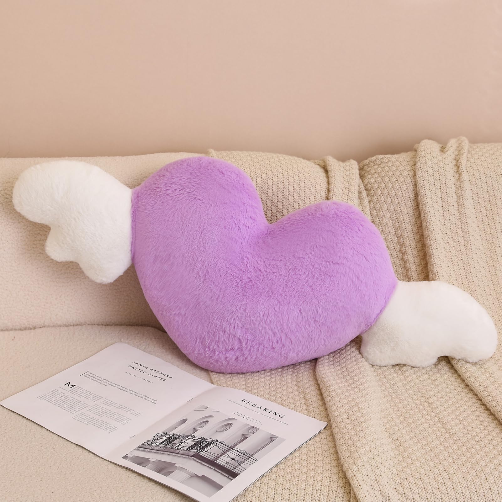 Fluffy Heart Throw Pillow, Faux Fur Love Heart Shaped Throw Pillows with Angel Wings Outdoor Indoor Coquette Decorative Pillows for Girl Bed Sofa Couch - Light Purple