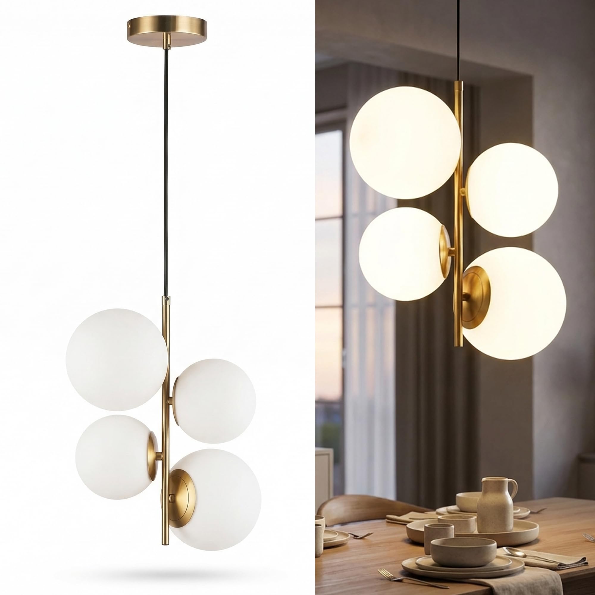 BARCELONA LED Lampadario a Sospensione con 4 Sfere in Vetro Opalino Bianco, Corpo in Metallo Oro/Rame, Moderno e Retrò, Ideale per Camera, Ufficio, Scale, Sala da Pranzo, Caffè, Ingresso