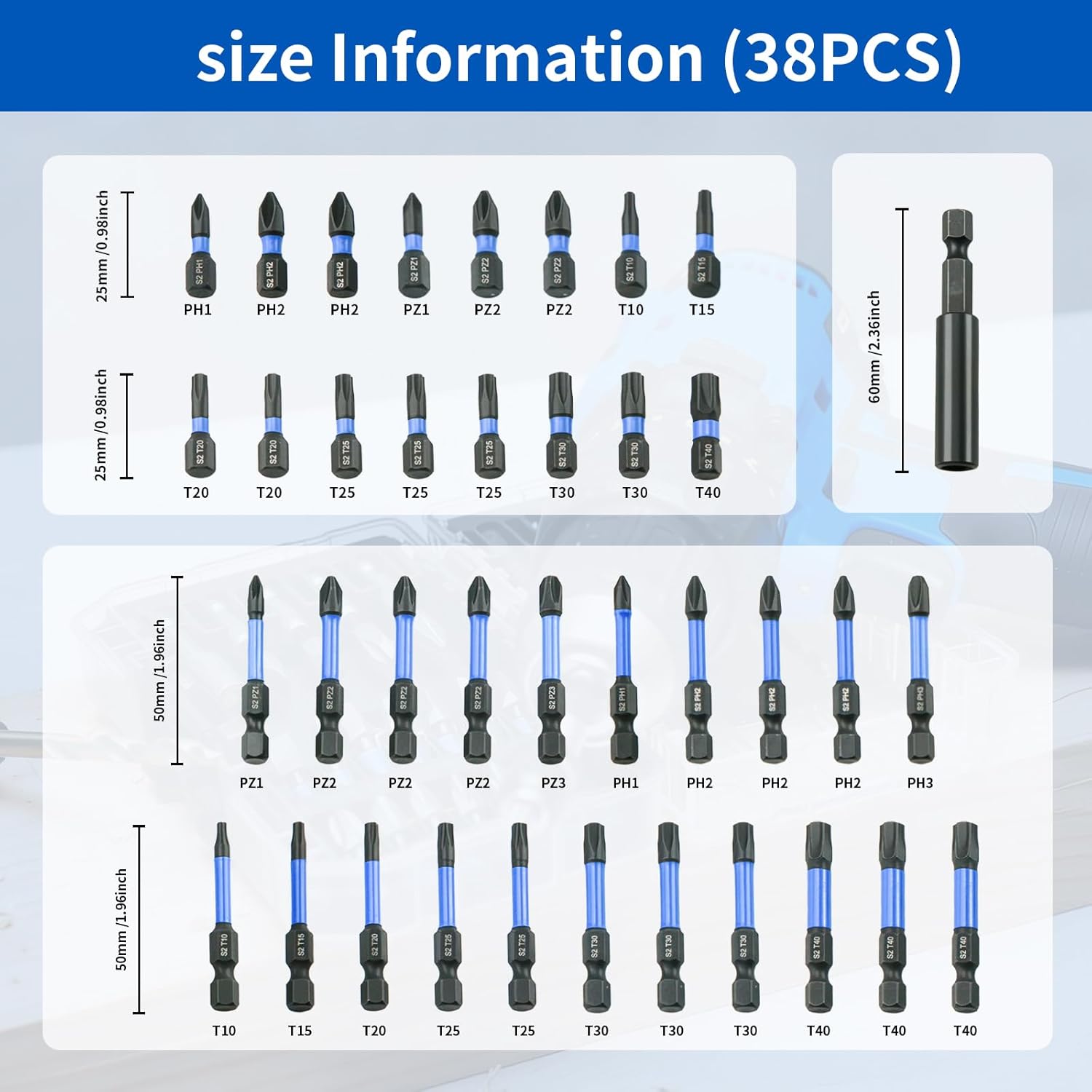 38pcs Impact Driver Bit Set, Magnetic S2 Screwdriver Bit Set, Hex Key Bit Set, Phillips, Pozidriv and Torx with 1/4” Hex Shank Bits for Electric Screwdriver