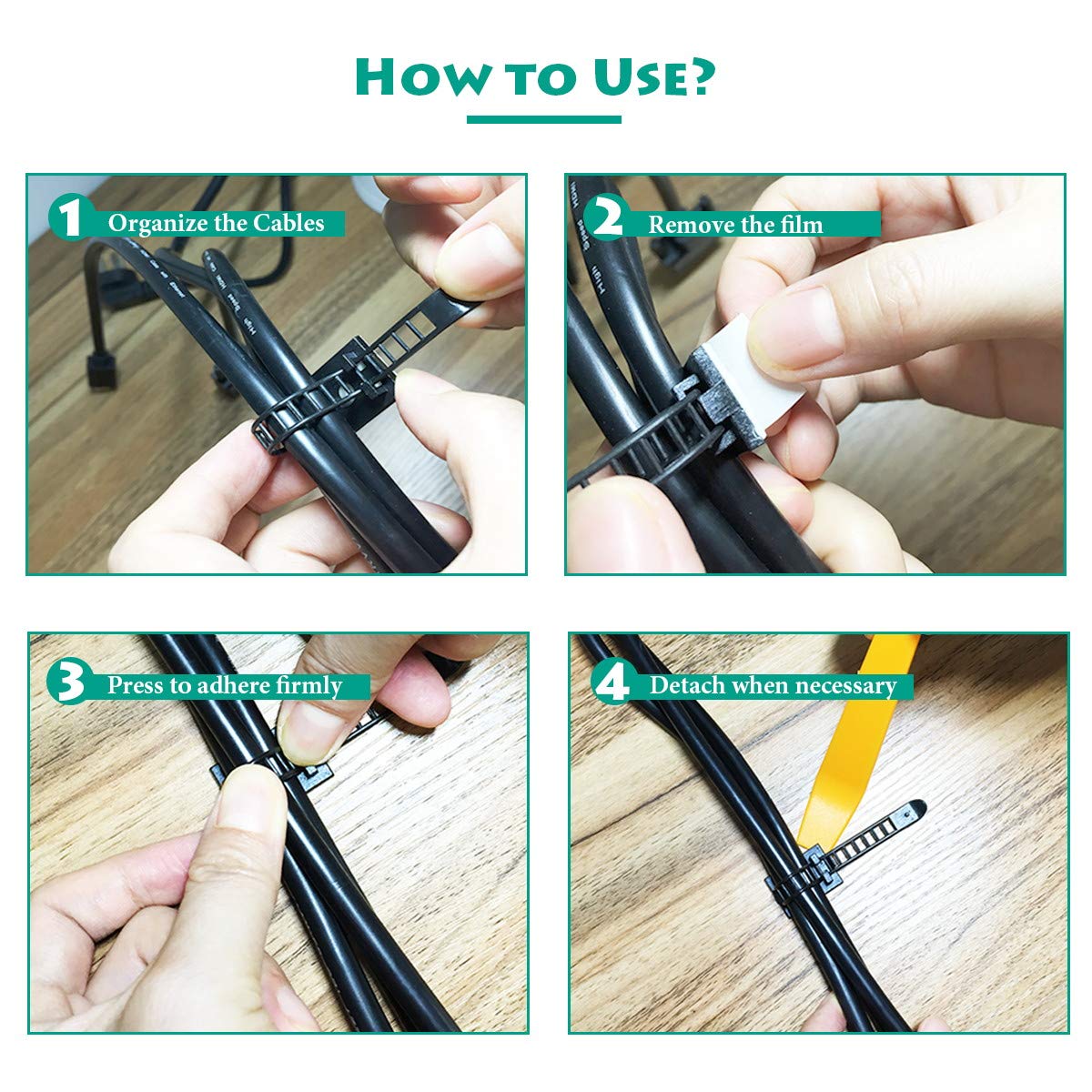 Kit De 30 Attaches Câbles Autocollantes - Gestion Des Fils Sous Bureau, Réglables, Sans Outils