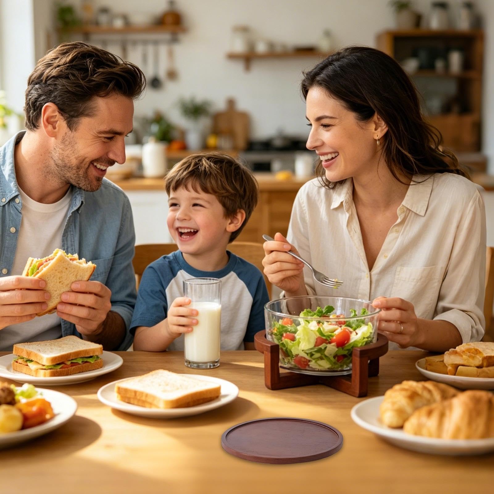 Ensaladera de Vidrio Grande 1800 ml de Alimenticio con Base de Madera | Cuenco Transparente para Ensalada y Postre para Cocina Reuniones Familiares Servir Pasta Frutas Verduras Aperitivos Chips