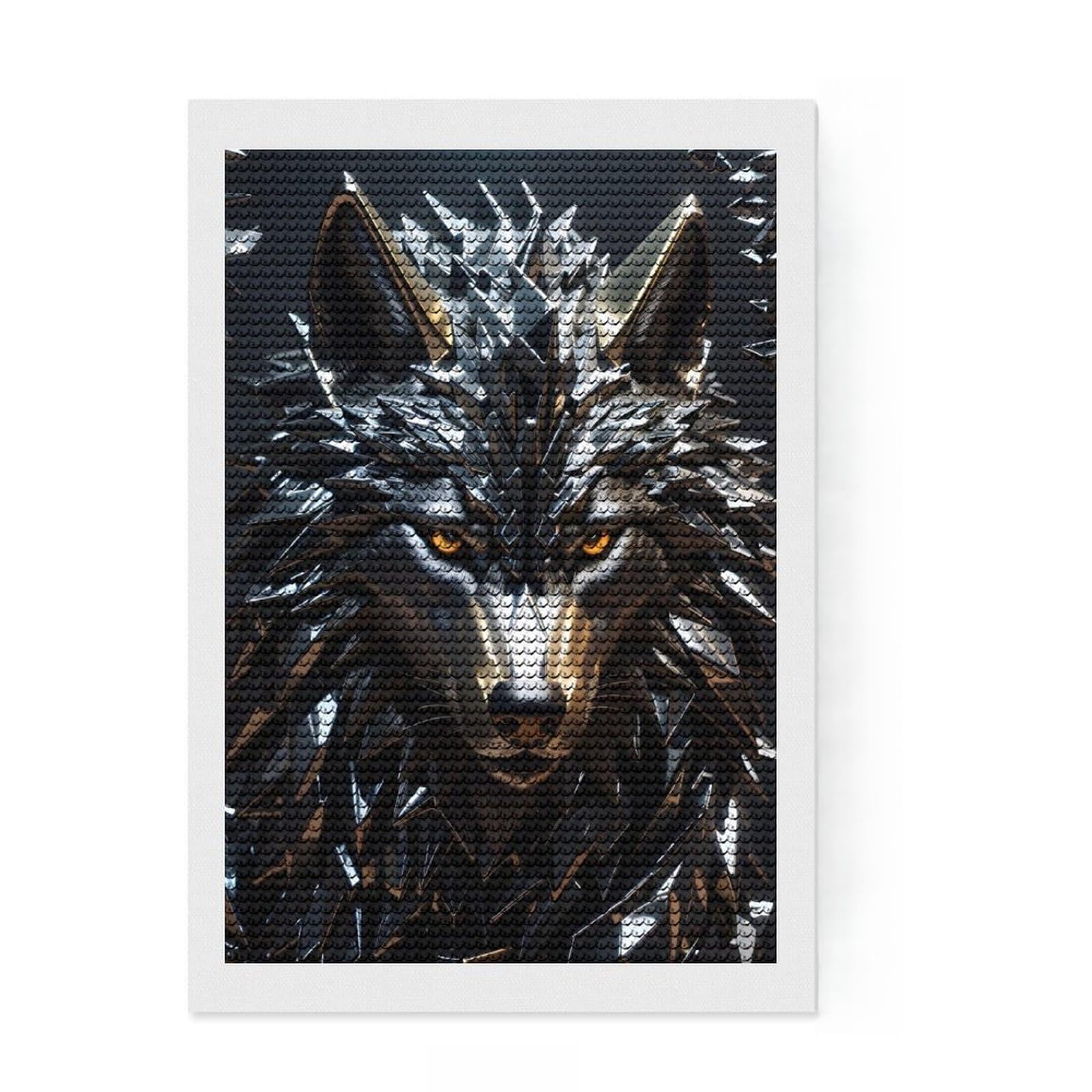 Junmoney Wolf Metallic Silver Diamond Art Canvas 8"x12", Easy to Follow Symbols, Easy Handmade Project, Boho Decor, Holiday Gift Idea