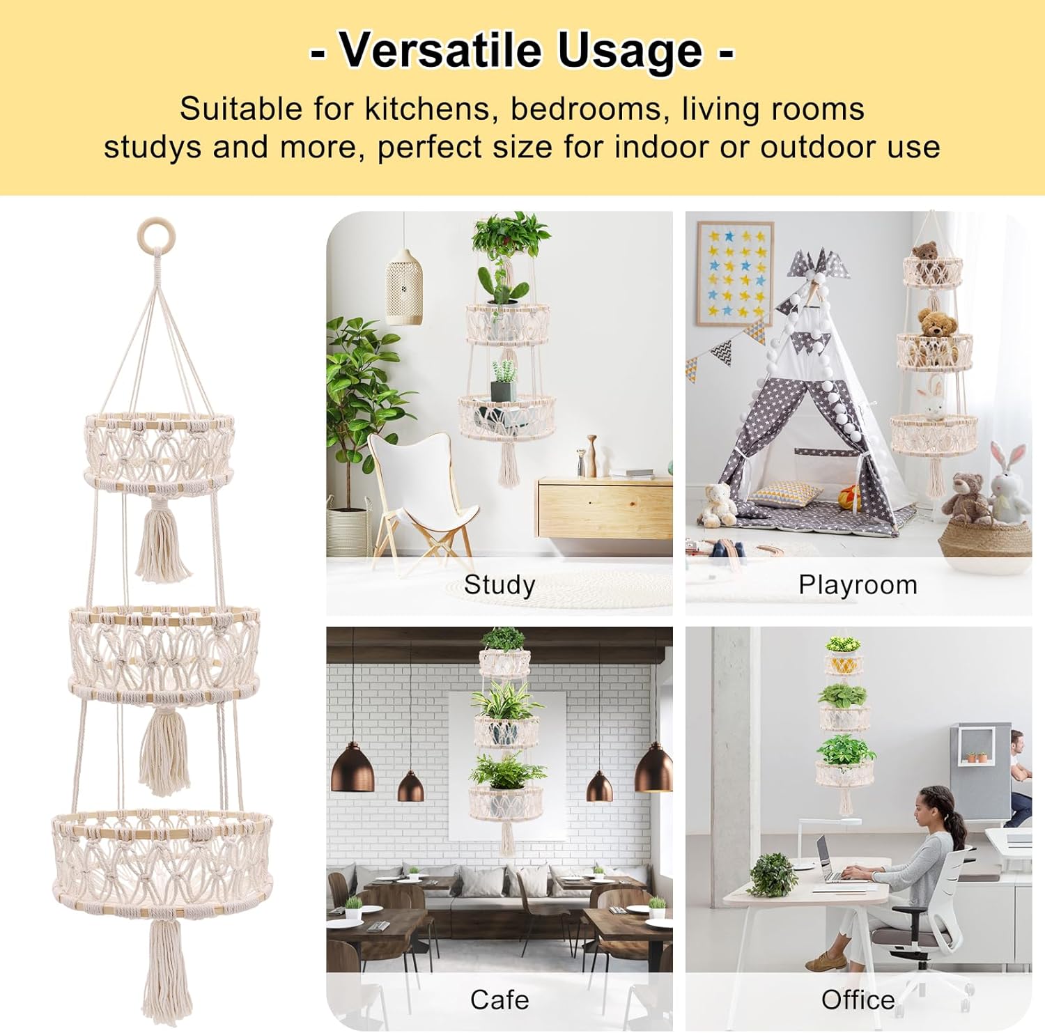 3 Tier Hanging Basket, Macrame Hanging Basket for Fruit and Vegetable Storage, Cotton Rope Woven Baskets for Kitchen, Decorative Boho Decor Hanging Plant Holder