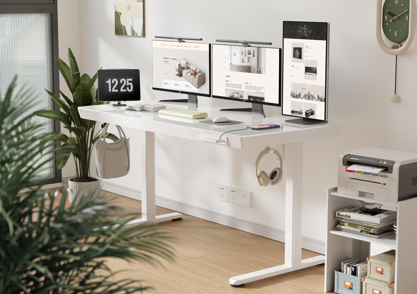 Claiks Glas Höhenverstellbarer Schreibtisch, 140x60 cm – Gehärtete Sicherheitsglas-Tischplatte, USB/Type-C & 4 Memory-Tasten, Standing Desk, Ergonomischer Steh-Sitz-Schreibtisch für Homeoffice, Weiß