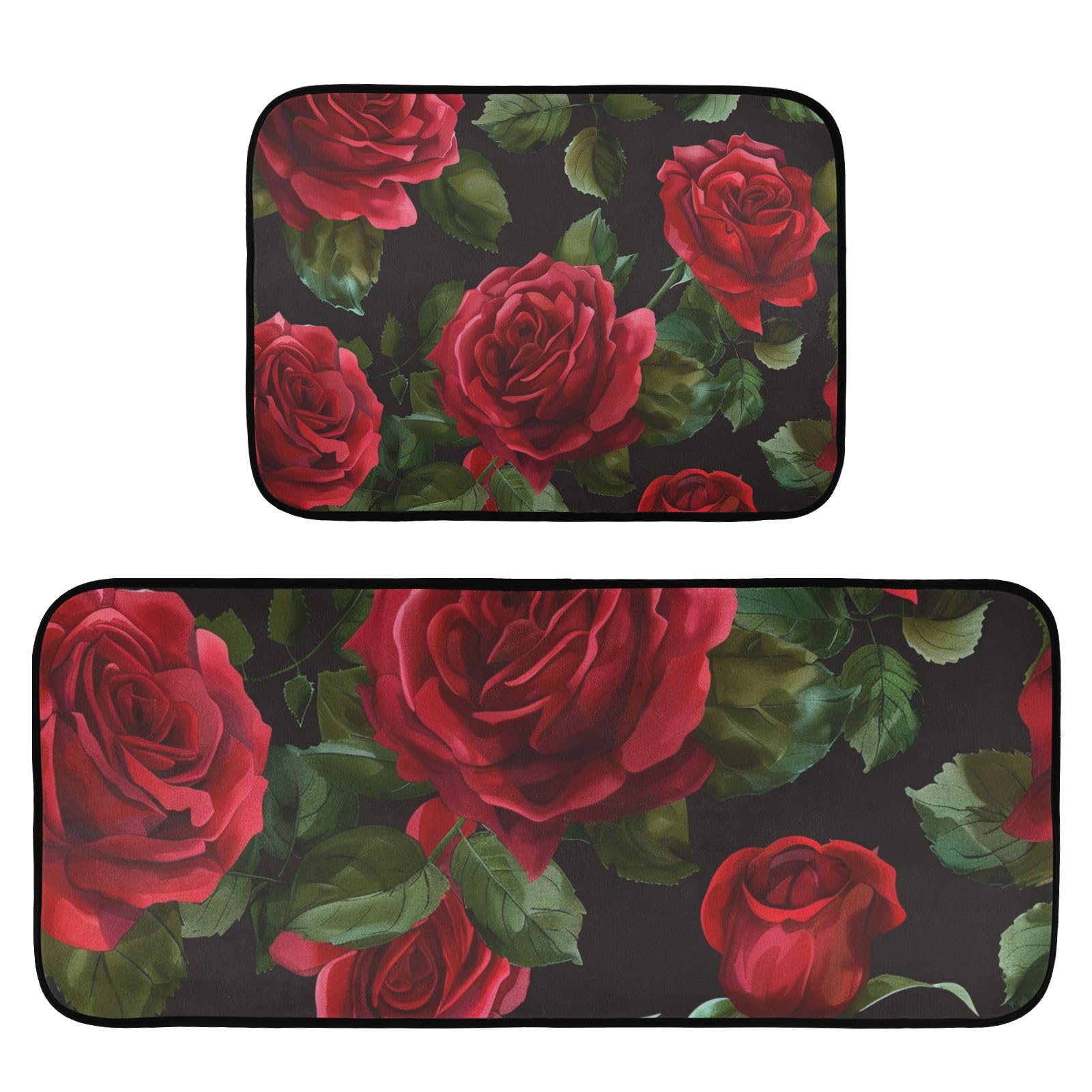 Qumton Red Rose Flower (4) Kitchen Rugs Set of 2, Cushioned Anti Fatigue Kitchen Mats Non Slip Washable, 19.7"x47.2"+19.7"x27.6"