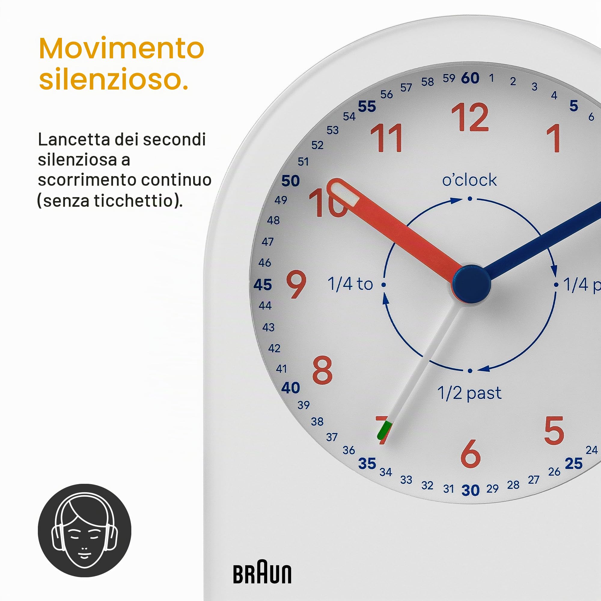 Braun Sveglia didatticoda analogica funzione snooze e retroilluminazione continua, movimento silenzioso al quarzo, quadrante facile da leggere, suoneria incrementale, bianca, modello BC22TW.