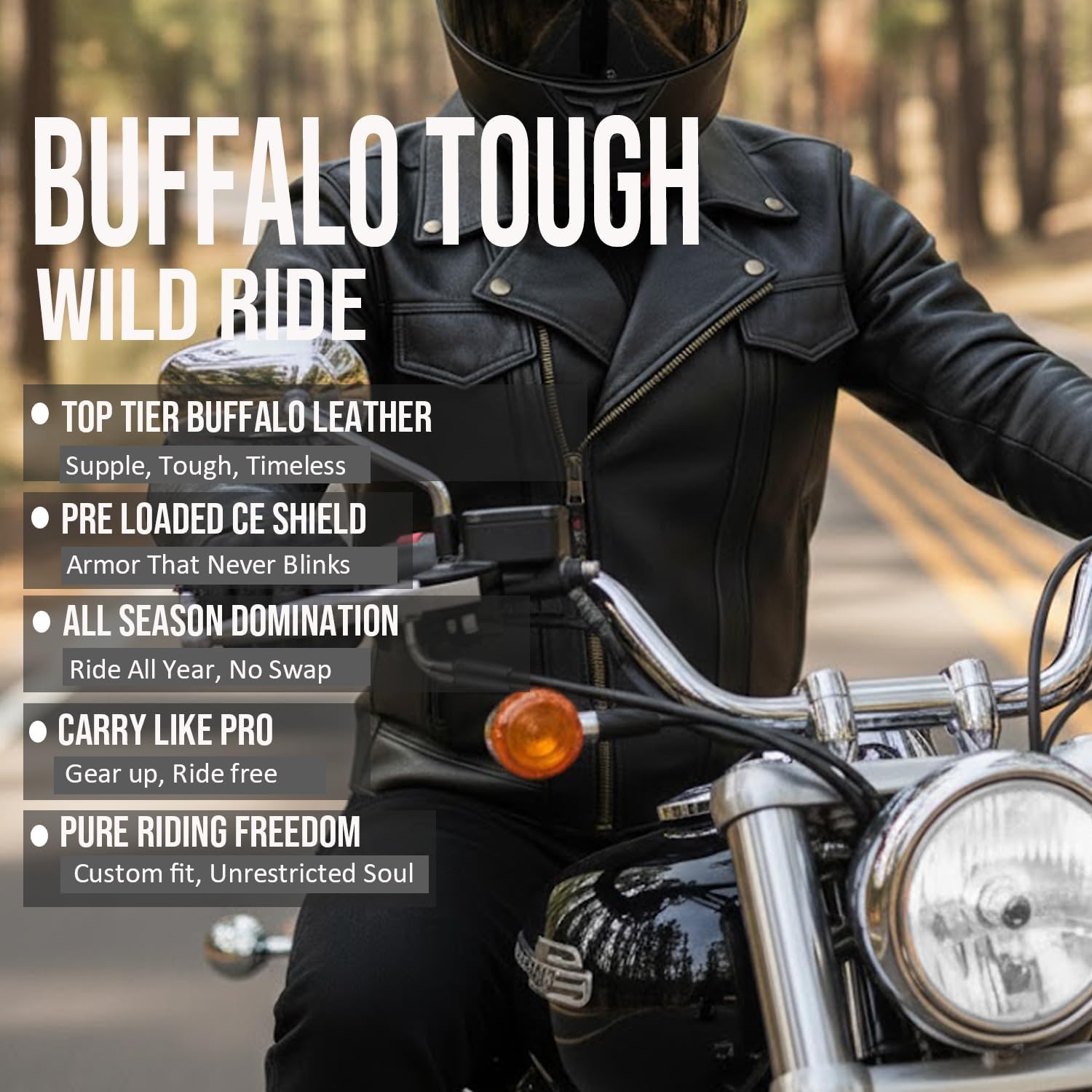 OUTRIDER Men's Motorcycle Jacket, Premium Natural Buffalo Leather, CE Armor, Utility Pockets, Biker Touring Black L