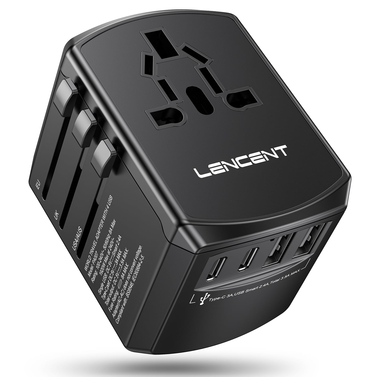 LENCENT Universal Travel Power Adapter, International AC Plug Adaptor with 2 USB C 2 USB A Ports Wall Charger Worldwide Travel Essentials for US to EU UK Ireland Australia (Type C/G/A/I) Black