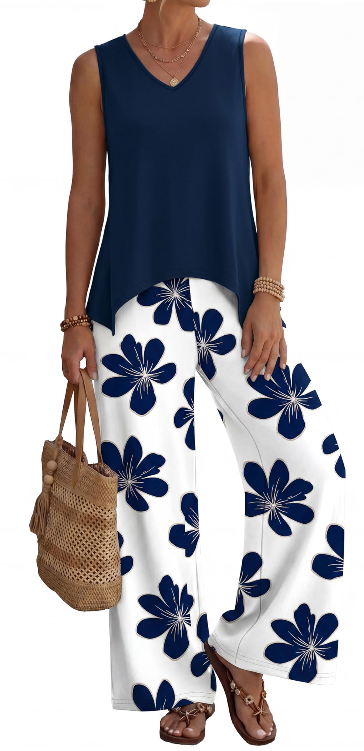 WIHOLL 2 Piece Sets for Women Spring Summer Outfits Cruise Travel Airport Beach Vacation Clothes Trendy Lounge Sets Casual Resort Wear Travel Matching Women Clothing Wide Leg Pants Set M